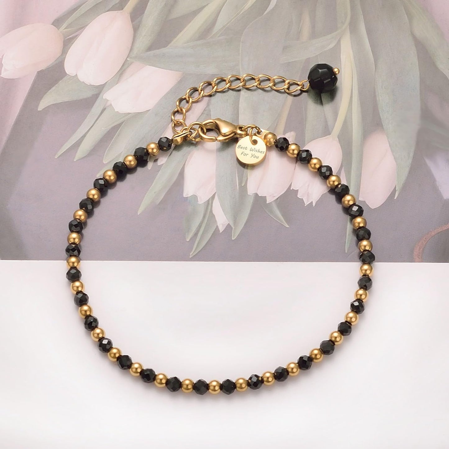 vissen Black and Gold Bracelet Beaded Black Natural Stone Bracelet for Women Black Crystal Gold Plated Bracelets Adjustable Jewellery