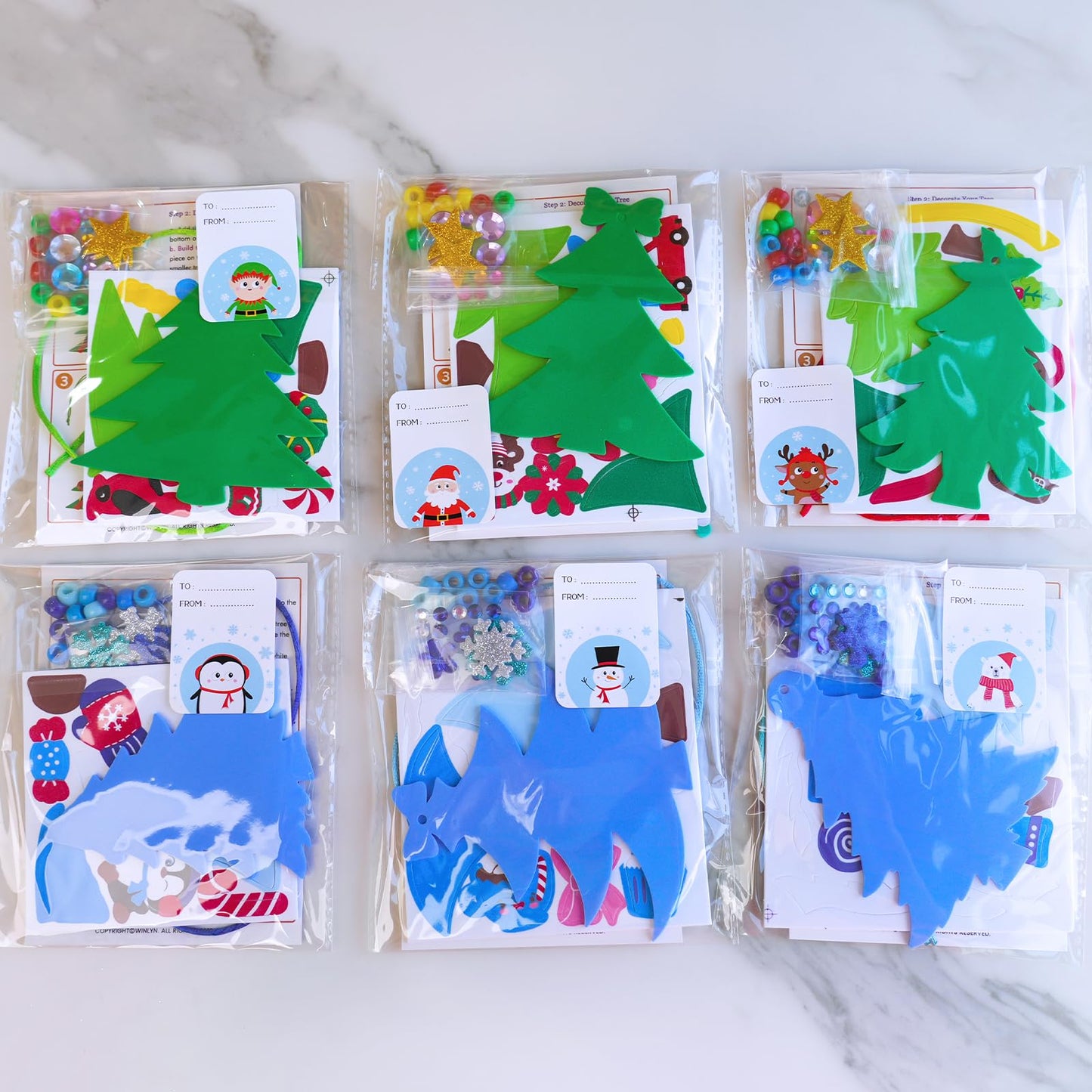Winlyn 24 Sets Winter Decorations DIY Christmas Tree Ornaments 3D Pine Tree Necklaces Holiday Craft Kits Blank Foam Tree with Festive Foam Stickers for Kids Home Classroom Activities Party Favors