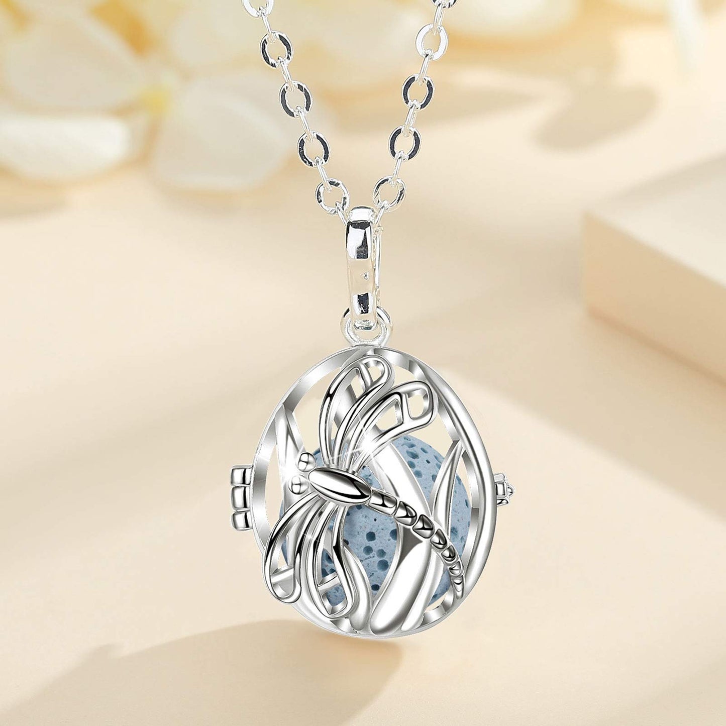 INFUSEU Dragonfly Essential Oil Diffuser Necklace Necklaces for Women Aromatherapy Jewelry 7 Lava Rock Stone Oval Aroma Therapy Scent Pendant Perfume Holder Cage Personal Smelling Wearable Gifts