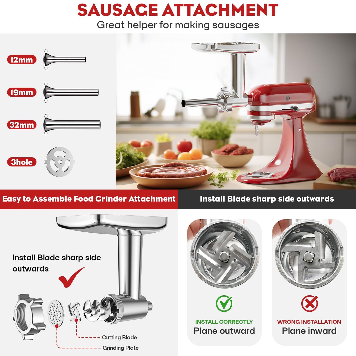 Meat Grinder & Stainless Steel Slicer Shredder Attachment for Kitchenaid Stand Mixer - Sausage Stuffer, Food Slicer, Shredder, Cheese Grater & Salad Maker by Cofun