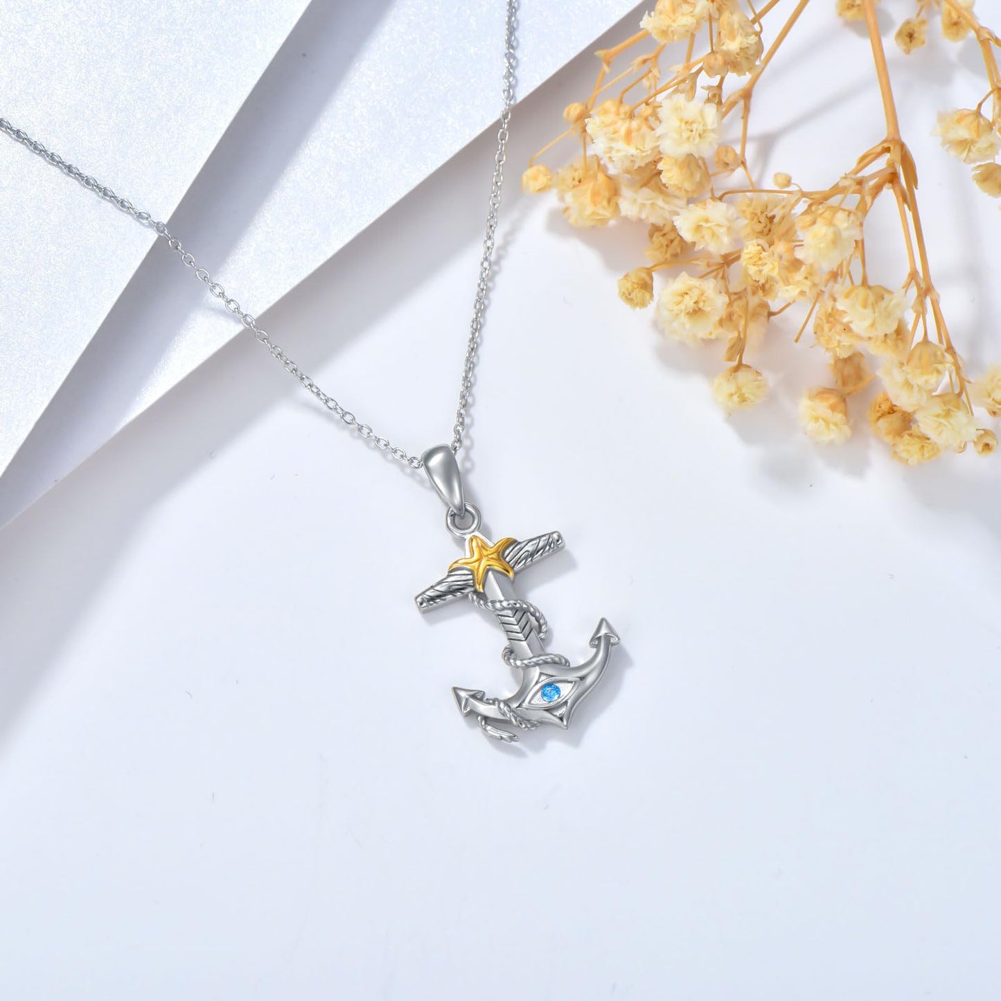 PROESS Anchor starfish Necklace 925 Sterling Silver Evil Eye Pendant Necklace Nautical Anchor Jewelry Gifts For Women Men