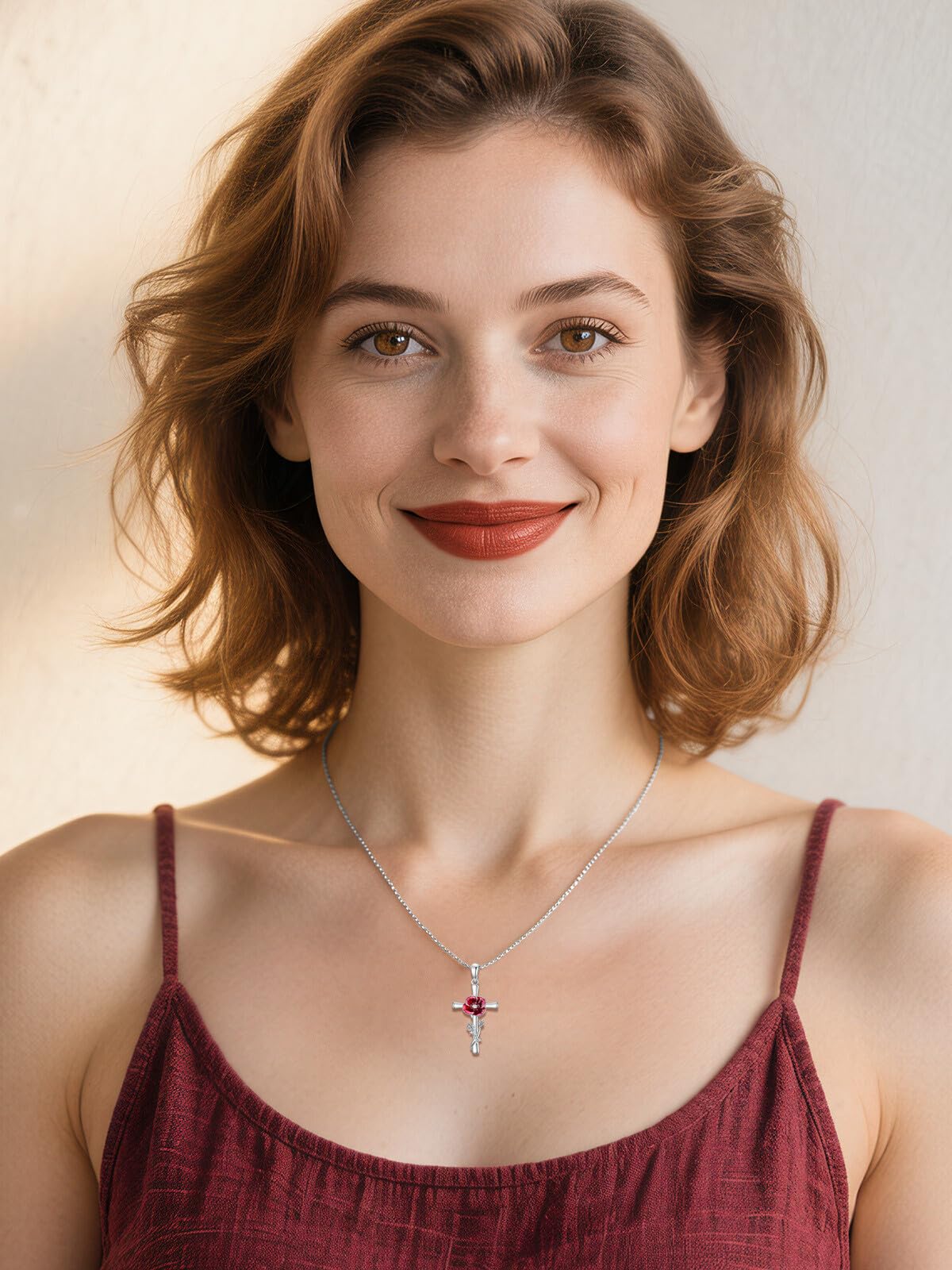 Cargari Red Poppy Flower Cross Necklace 925 Sterling Silver Poppy Cross Pendant Necklace Religious Floral Jewelry Gift for Women