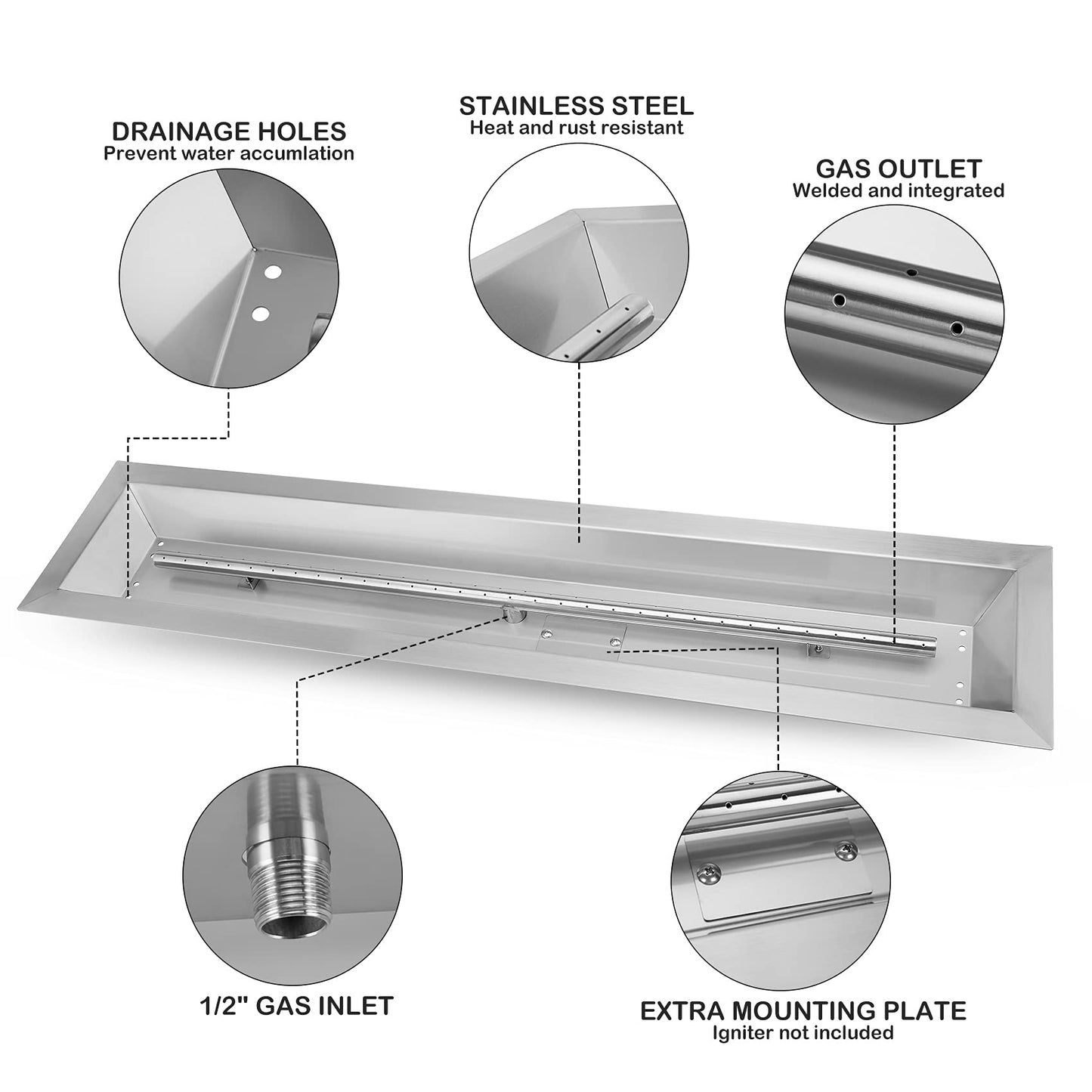 Stanbroil 36 x 6 Inch Linear Fire Pit Kit with Spark Ignition Kits, 304 Stainless Steel Propane Gas Firepit Insert for Outdoor DIY Firepit Project - Propane Gas Version