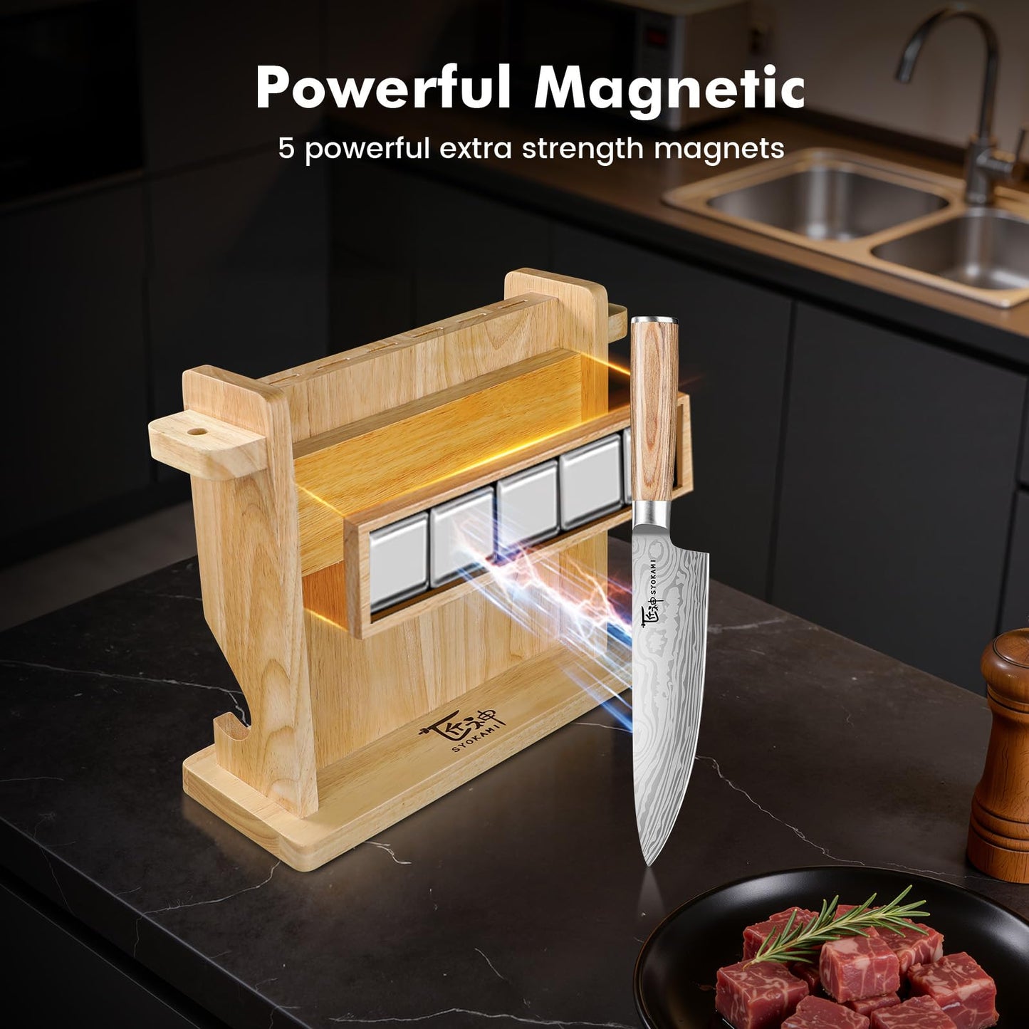 SYOKAMI Japanese Knives Set for Kitchen with Block, 14 PCS Magnetic Knife Set with Holder and Sharpener, Wooden handle, Stainless Steel Knife Set, Ideal as a Gift