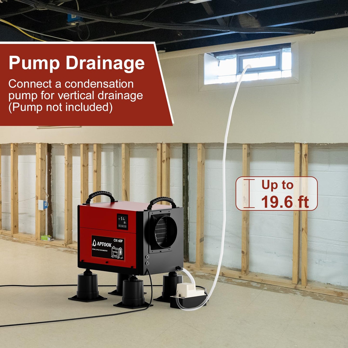 APTOOK 110 Pints Commercial Dehumidifier with Drain Hose, Crawl Space Dehumidifier for Water Damage Restoration, Flood Repair, Crawlspace and Basement, Red