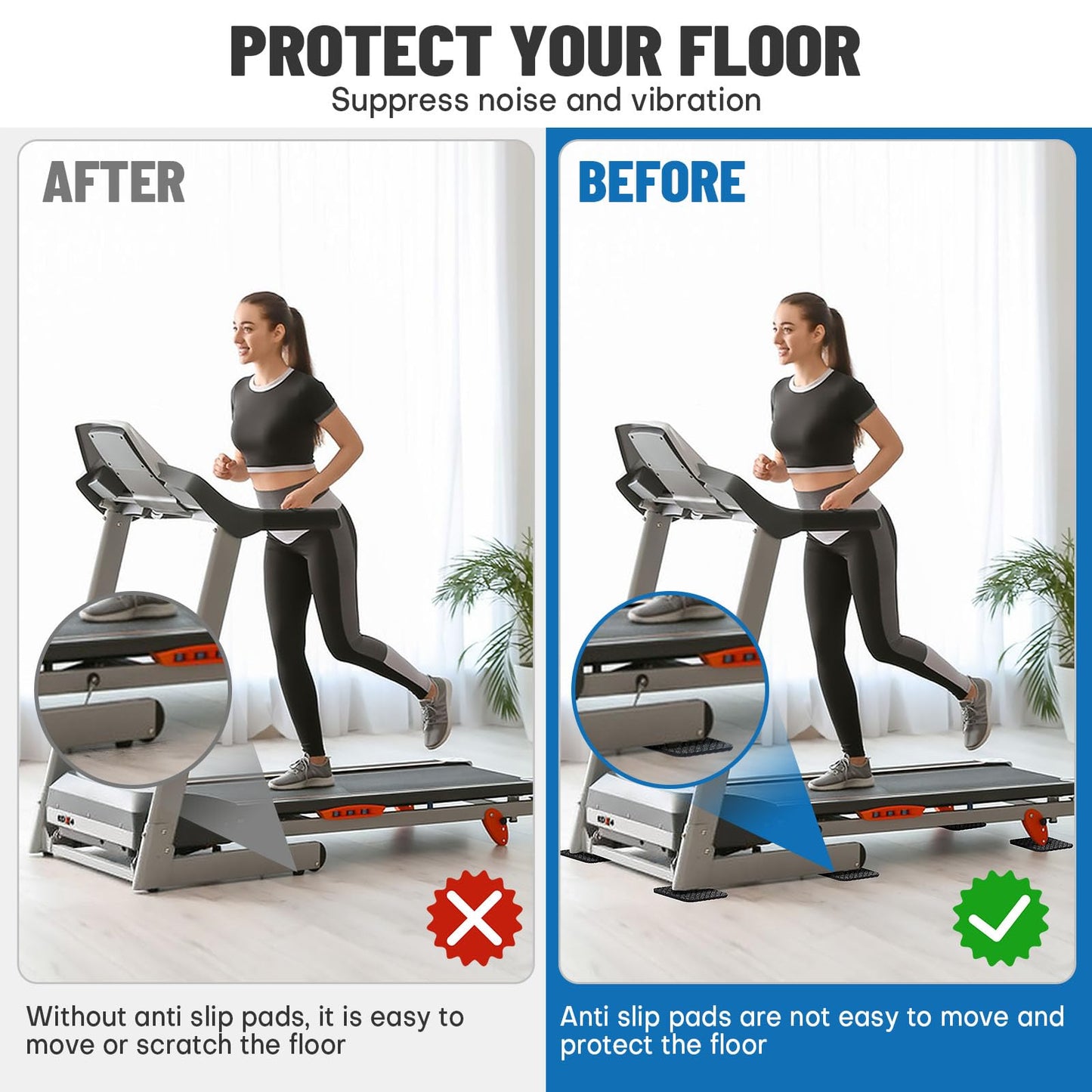 Rolitwils 6PCS Treadmill Mat Pads, 4" x 4" x 0.2" Double-Sided Non-Slip Exercise Equipment Mat for Floor Protection, High Density Silicone Anti Vibration Pad for Treadmill (6)