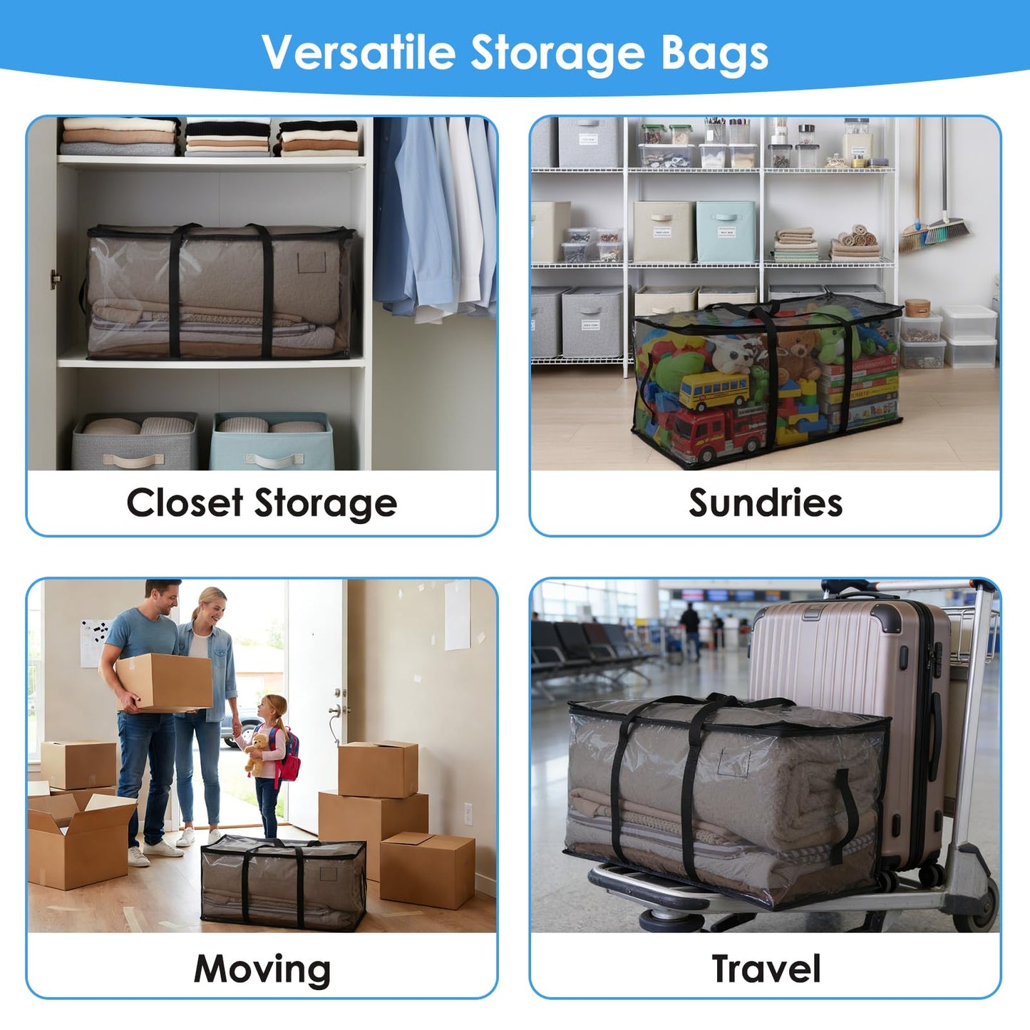 Moving Bags Heavy Duty, 6 Pack Clothes Storage Bags with Strong Zipper & Handles PVC Water-Resistant for College Supplies(Black)