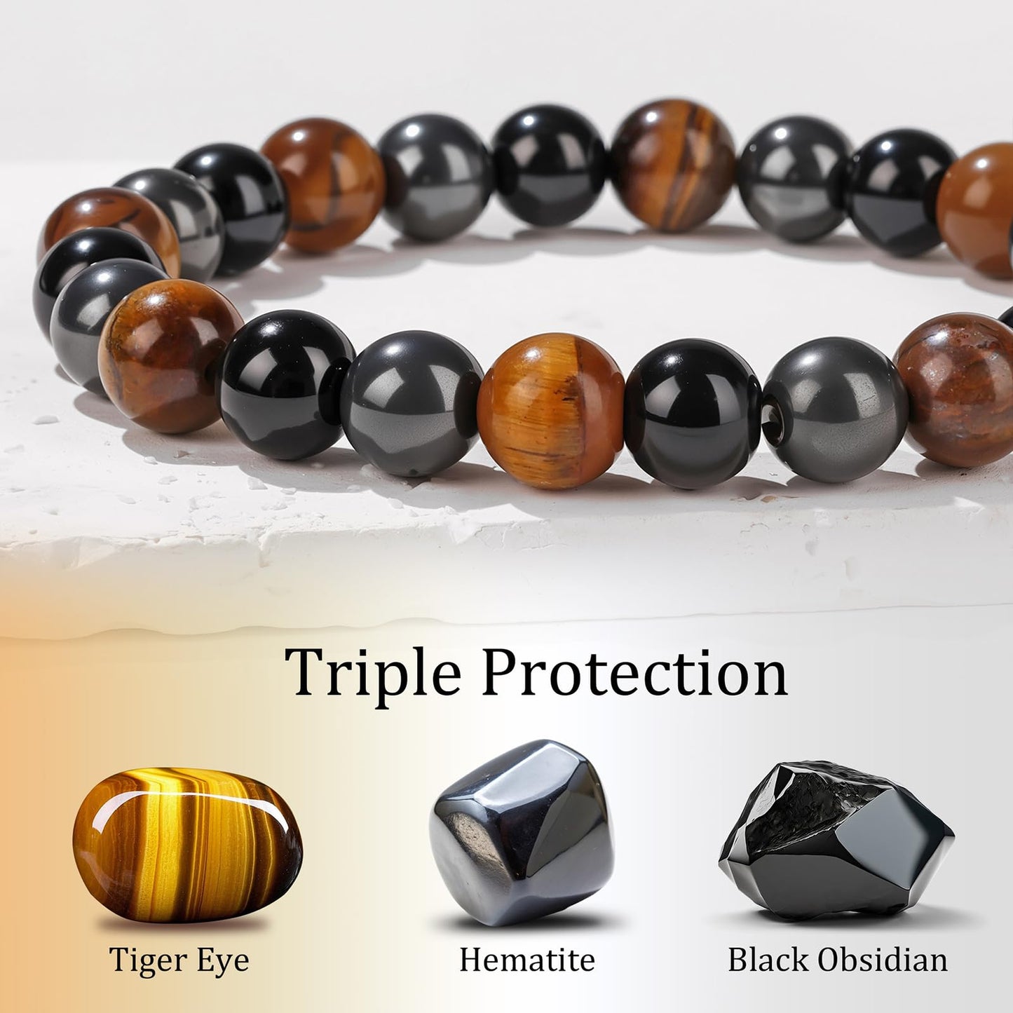 Bolinailo Healing Crystal Triple Protection Bracelet 8mm Crystal Beaded Bracelet for Women Men Natural Stones of Tiger Eye, Hematite, Black Obsidian Handmade Gemstone Reiki Spiritual Jewelry Gifts