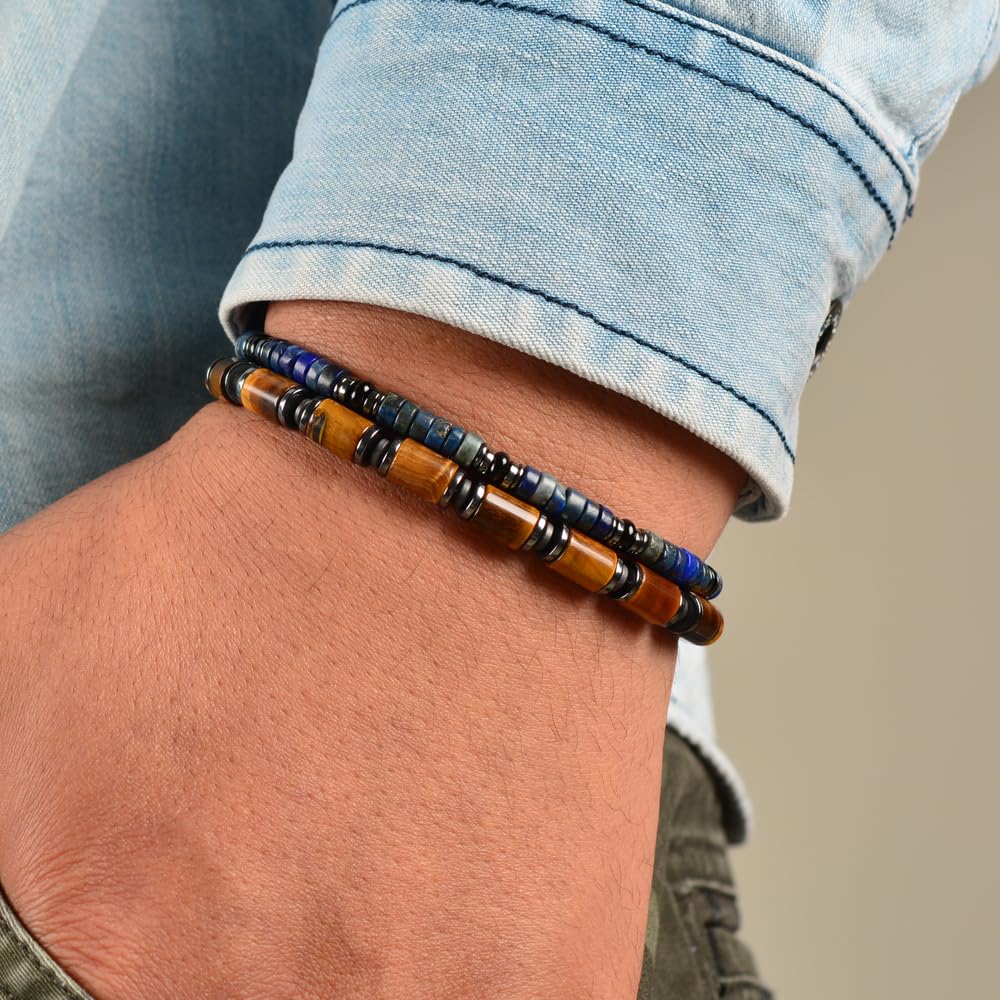 Casvia Men's Lapis Lazuli Hematite & Black Agate Beaded Bracelet, Handmade Adjustable Stainless Steel Chain, Chakra Jewelry Gift for Dad Husband Boyfriend