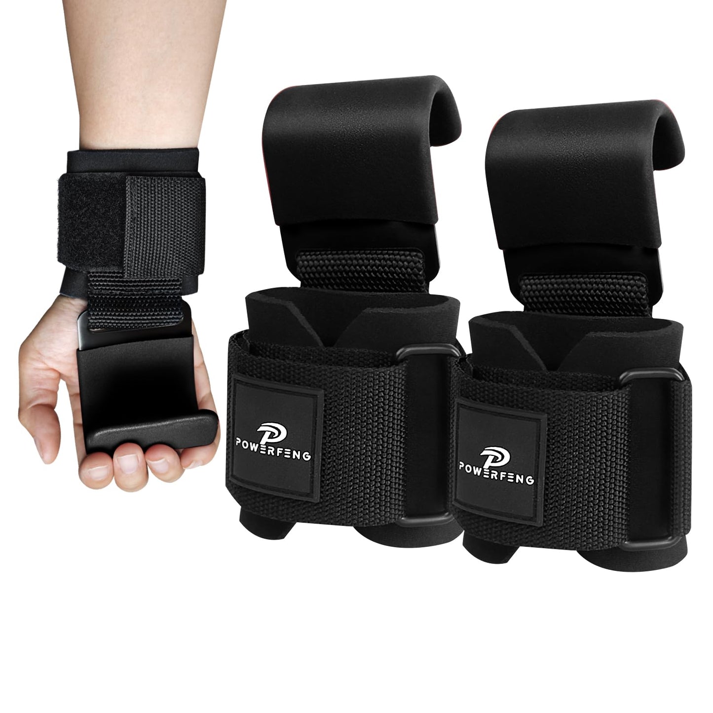 powerfeng Lifting Hooks for Weight Lifting: Weightlifting Hooks Wrist Straps Hand Grip Support for Deadlift Weightlifting Gym Gloves for Men & Women (Black)