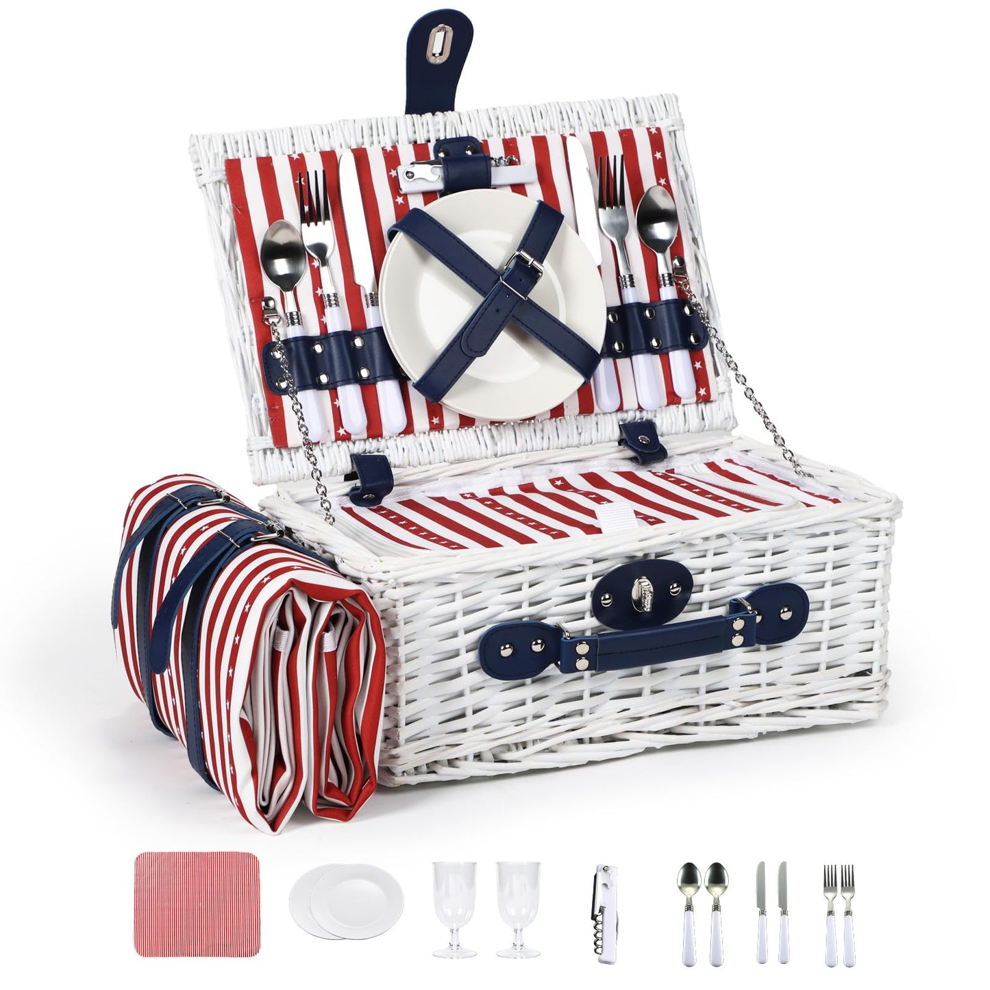 Wicker Picnic Basket for 2 with Waterproof Picnic Blanket and Insulated Bag, Patriotic Red White and Blue Star Pattern for Soccer Game, Camping, Travel, Birthday Gift, Wedding Gift