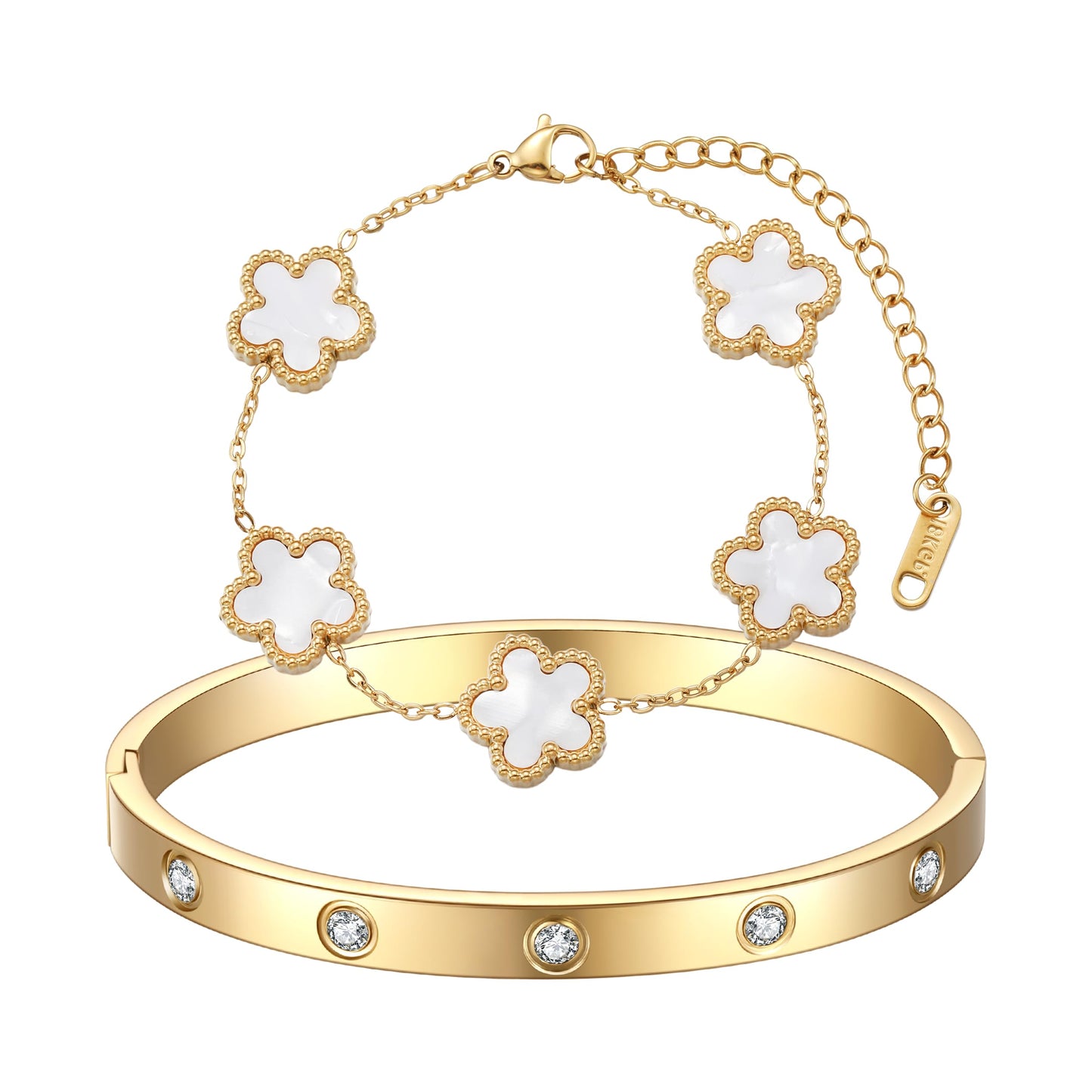 FUNIO 18K Gold Plated Van cleef Clover Bracelet Love bangle Set for Women - White Stack Friendship Bracelet Lucky Link Bracelets Jewelry Gifts Trendy for Women