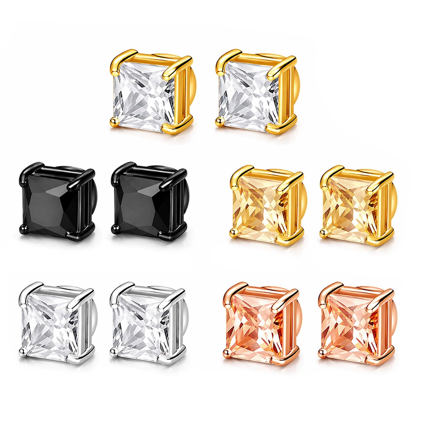 BEFOSHINN Magnetic Stud Earrings for Men and Women, No Piercing Needed, 5 Pairs 316L Stainless Steel CZ Clip On Ear Studs, 8mm Fake Earrings for Non Pierced Ears, Silver Black Gold Rose Gold (5PCS-8MM)