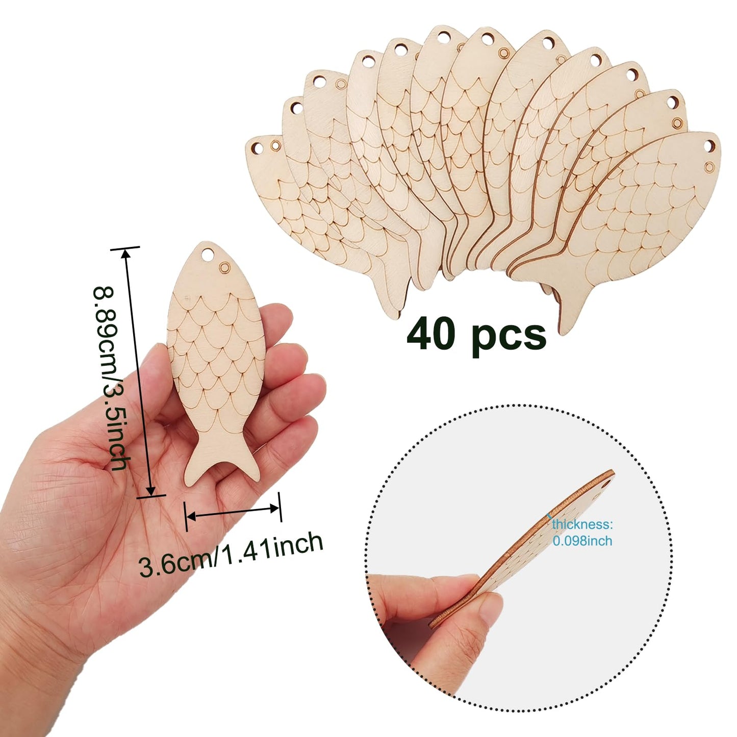 40 Pcs Fish Template Wood Cutouts Unfinished Wooden Ornaments Craft Slices to Paint Mini DIY Blank Wood Discs Ornament with Holes Rope for Home Crafts Hanging Decoration