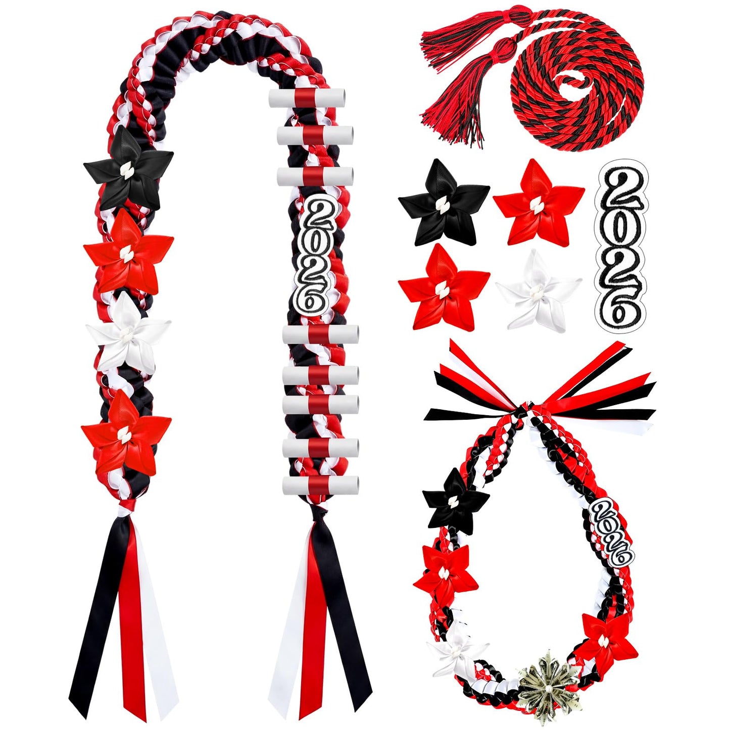 Craftsatin 2026 Graduation Money Leis with Honor Cord Class of 2026 Graduation Ribbon Money Leis Double Braided Handmade Necklace Kit for for High School College Grad Party Supplies(Red Black)
