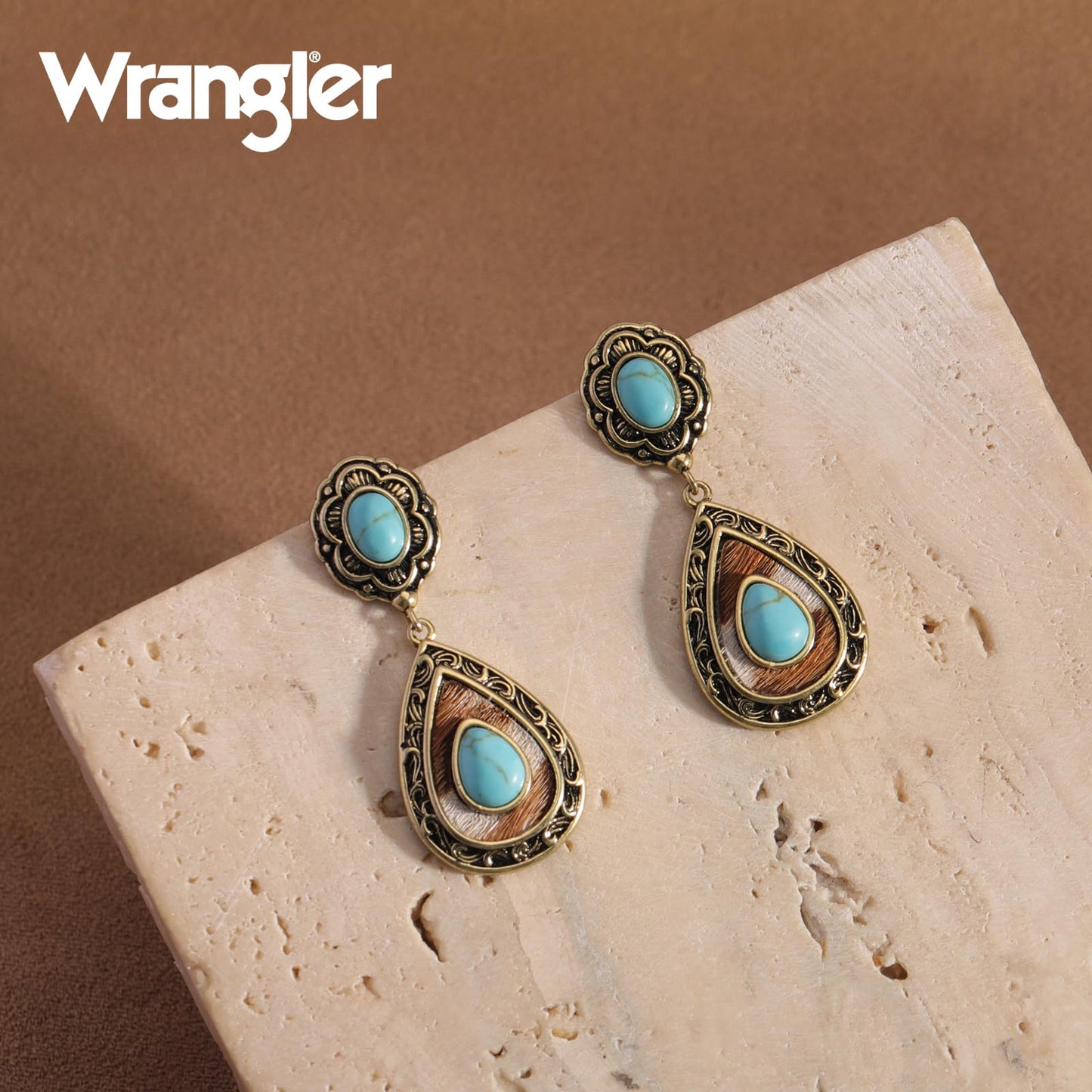 Wrangler Western TearDrop Dangle Earrings for Women Country Statement Genuine Horsehair Turquoise Vintage Cowgirl Cowboy Jewelry (Gold-Turquoise) WGE-2028G-TQ