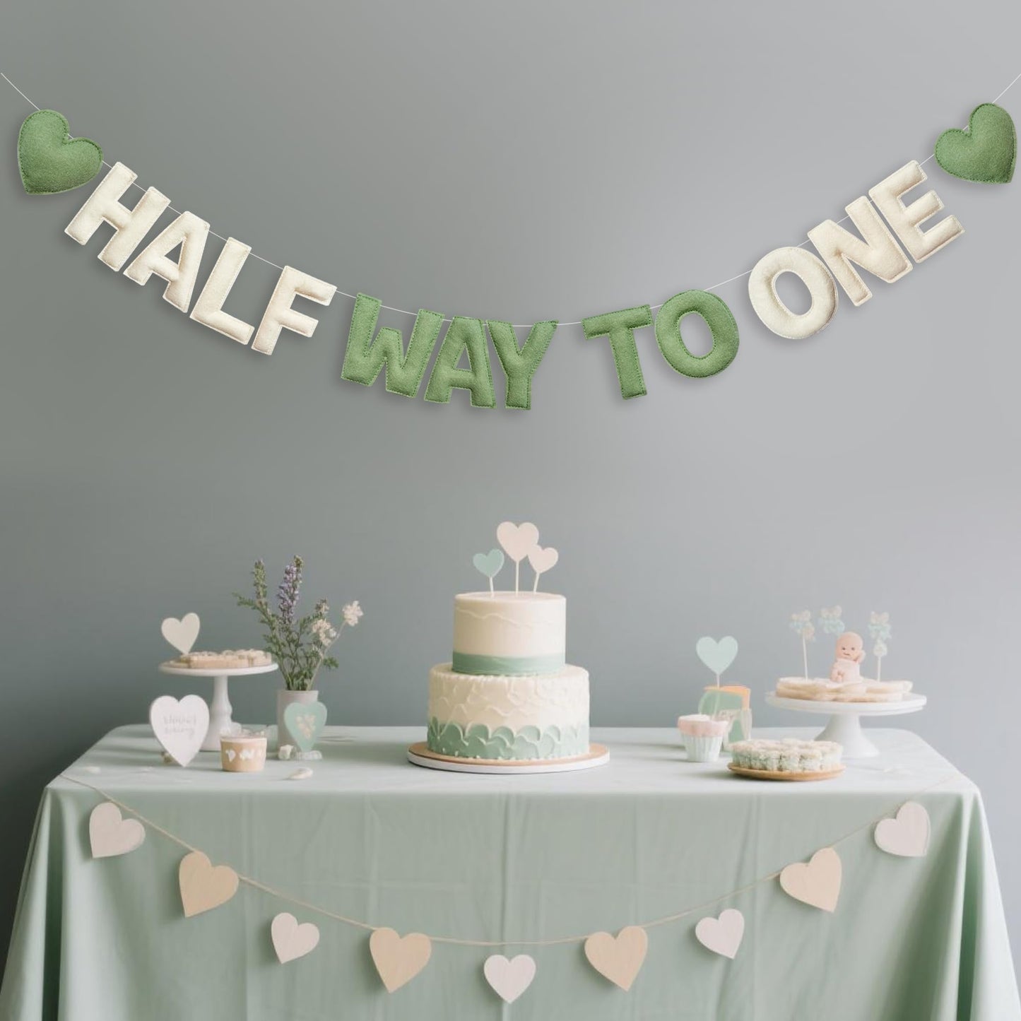 Sage Green Heart 1/2 Way to One Birthday Decoration Pre-Strung Handmade Felt Half Way To One Sign Banner for 6 Months Birthday Baby Boy Girl Neutral Decorations Party Nursery Home Wall Fireplace Decor