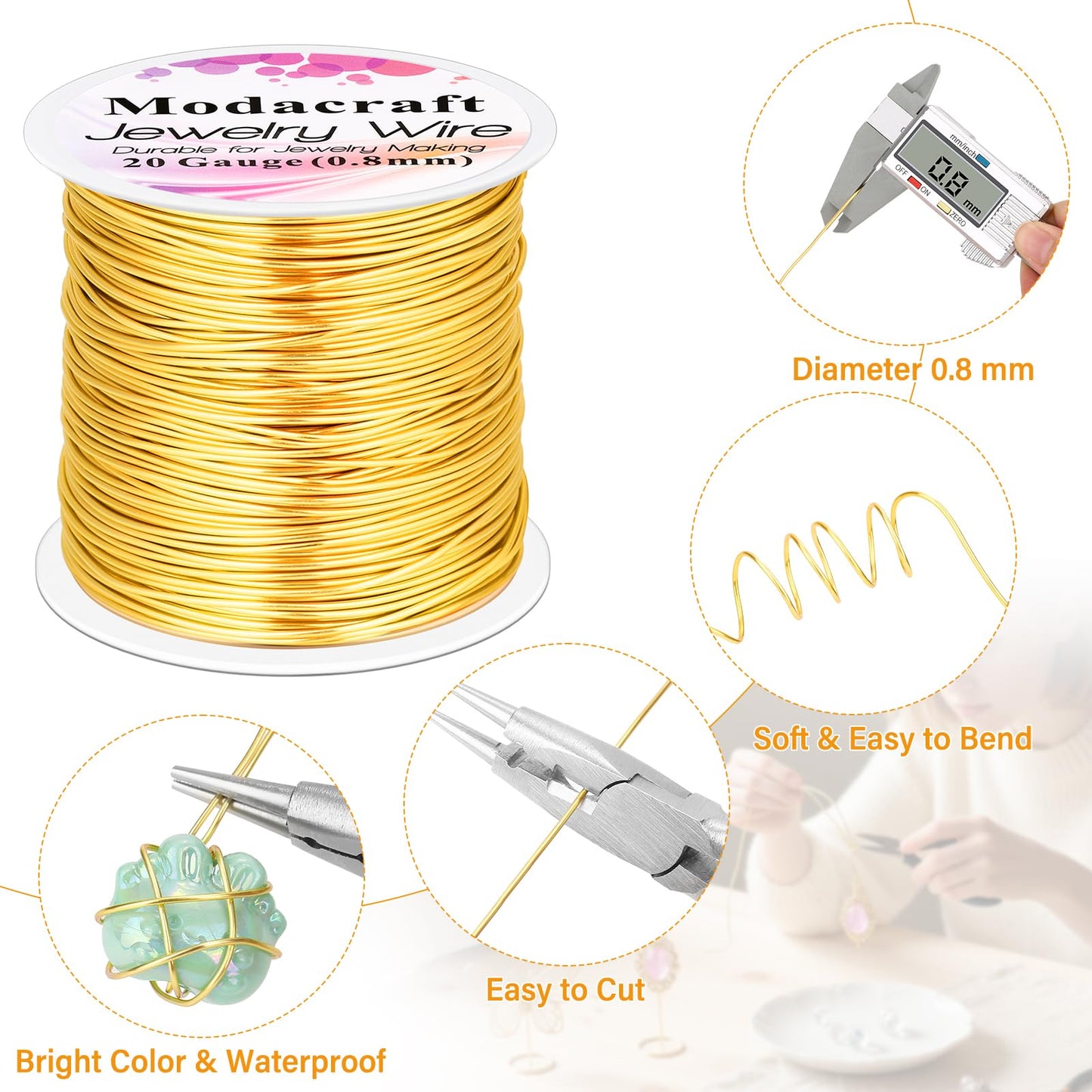 Modacraft 20 Gauge Gold Jewelry Wire & 4-in-1 Pliers Kit - 82FT Tarnish Resistant Copper Craft Wire (0.8mm) for Wire Wrapping, DIY Jewelry Making, Christmas Ornaments & Holiday Decorations