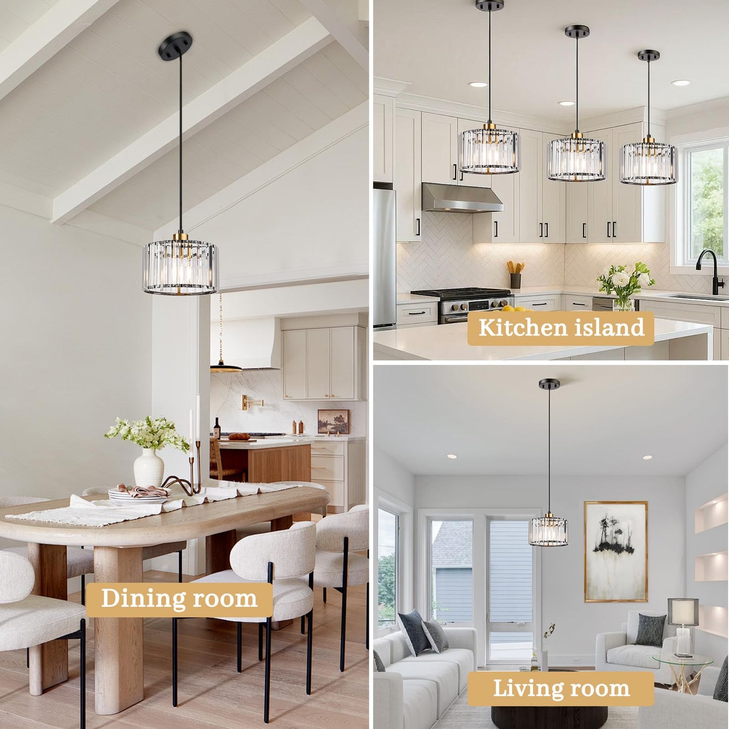 TALOYA Pendant Lights Kitchen Island Black and Gold, Crystal Pendant Light Modern for Dining Room, Height Adjustable Chandelier Hanging Island Light Fixtures for Kitchen Hallway(Bulb Not Included)