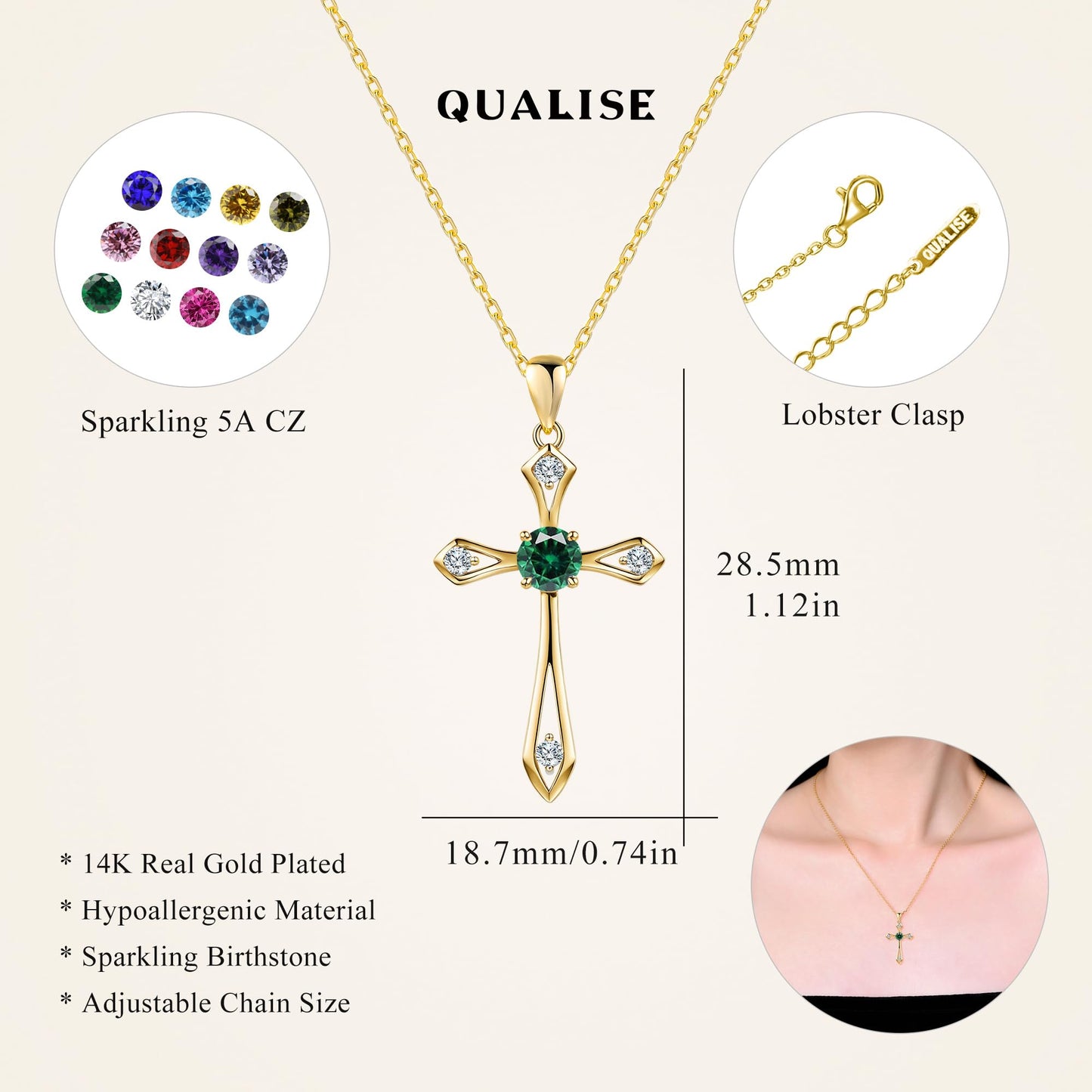 14K Gold Plated Solid Cross Necklace for Women,925 Sterling Silver Ladies Faith Cross Birthstone Pendant Christian Religious Confirmation Baptism Everyday Fine Jewelry Anniversary Birthday Gifts for Her