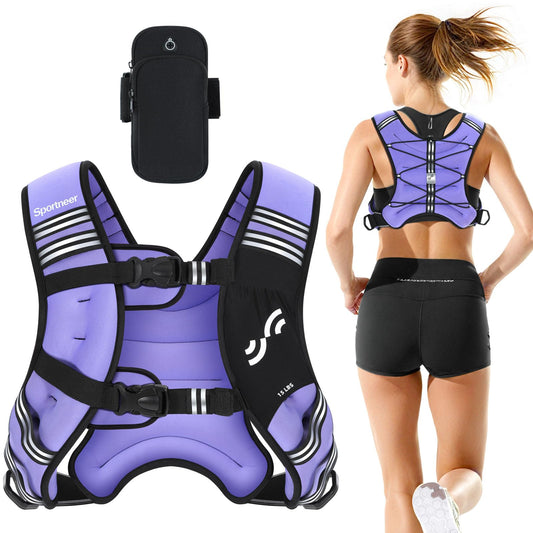 Sportneer Weighted Vest for Women Men: 15lb Comfortable Weight Vest with Storage Pocket Reflective Stripe Rucking Vest for Walking Running Strength Training Fitness Weight Loss Weightlifting Purple