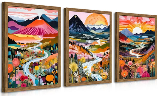 Wood Frame Boho Colorful Wall Art, Set of 3 Abstract Watercolor Mountain Landscape Wall Decor Painting, Modern Flower Aesthetic Posters Prints for Living Room Bathroom Bedroom 12x16In Framed