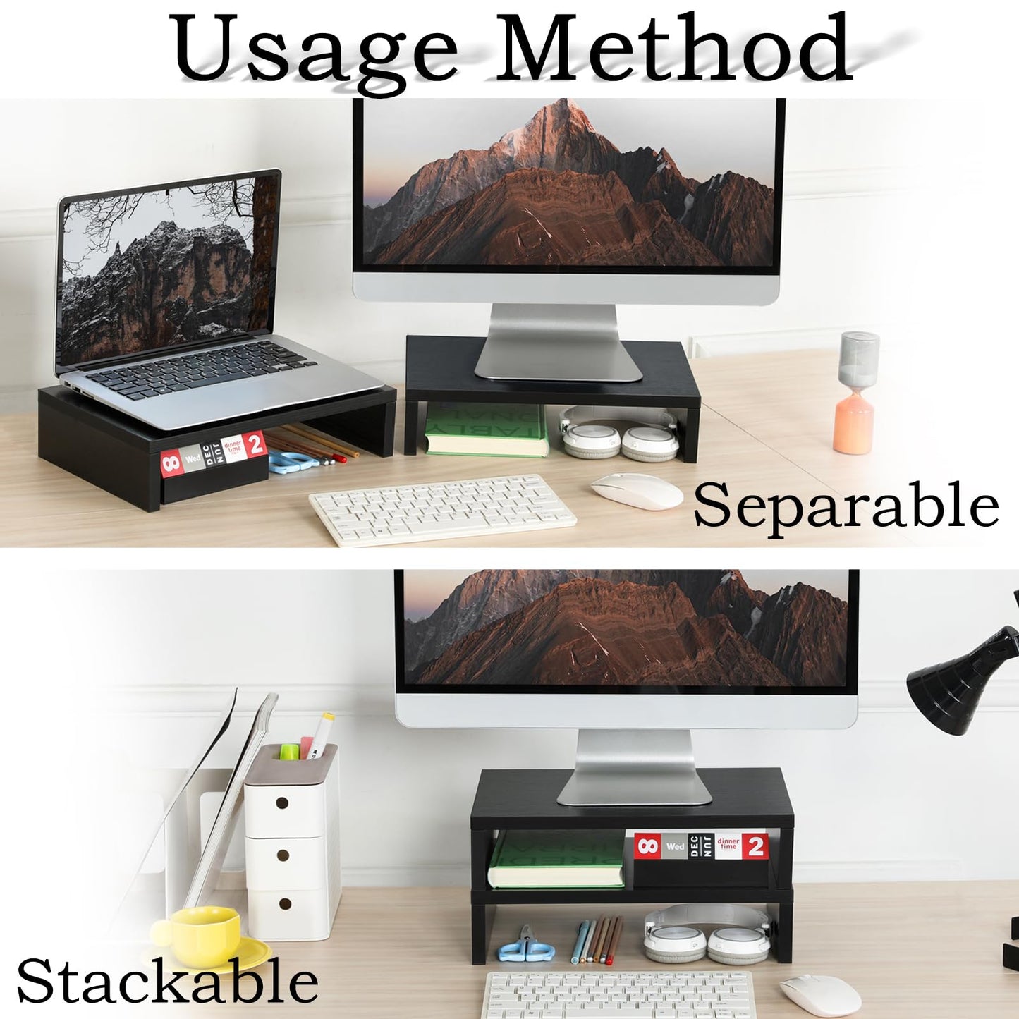 TEAMIX Wood Monitor Stand Riser-2 Pack, 2 Tier Adjustable Monitor Stand Dual Monitor Riser for 2 Monitors/Laptop/PC Black Computer Stand for Desk