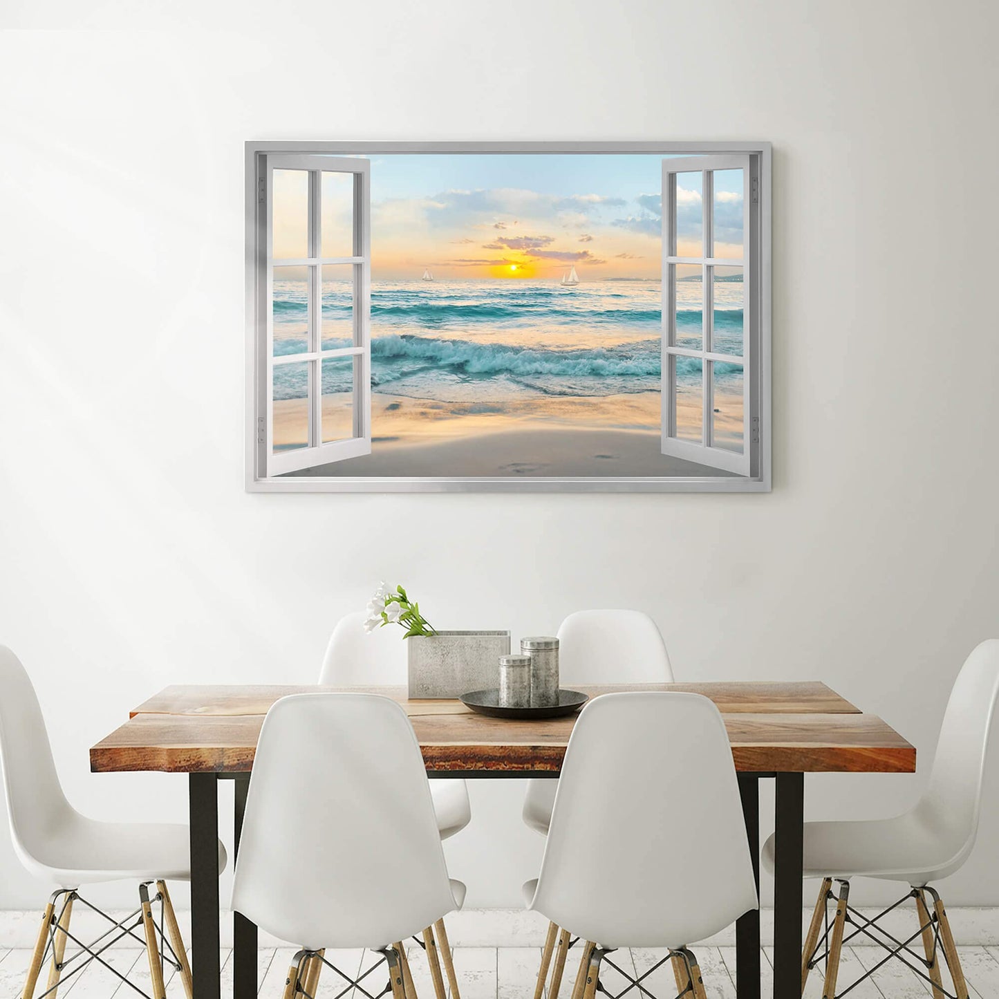Window View Canvas Wall Art: Open Window Beach Coastal Sailboats Picture Large Blue Ocean Waves Artwork Natural Sunset Seascape Prints Modern Sea Scenery Painting for Bedroom Bathroom Home Office