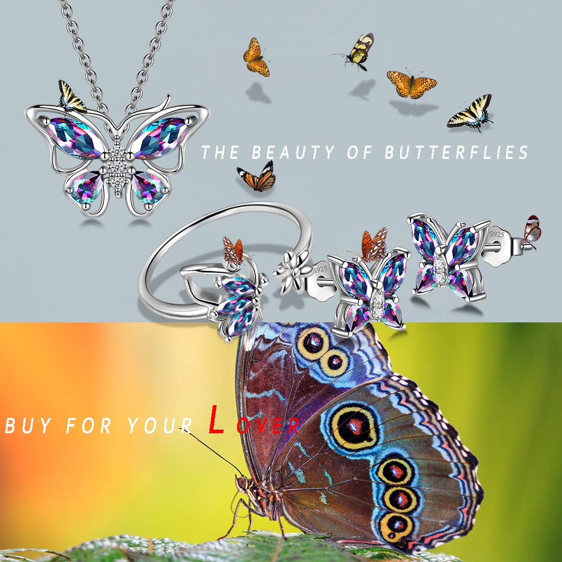 Hipunk Butterfly Mystic-Rainbow-Topaz Jewelry Sets Birthstone Women 925 Sterling Silver Fire-Topaz Birth Stone Animal Butterflies Jewelry Sets/Earring/Ring Set Crystal Birthday Jewelry SS0002C