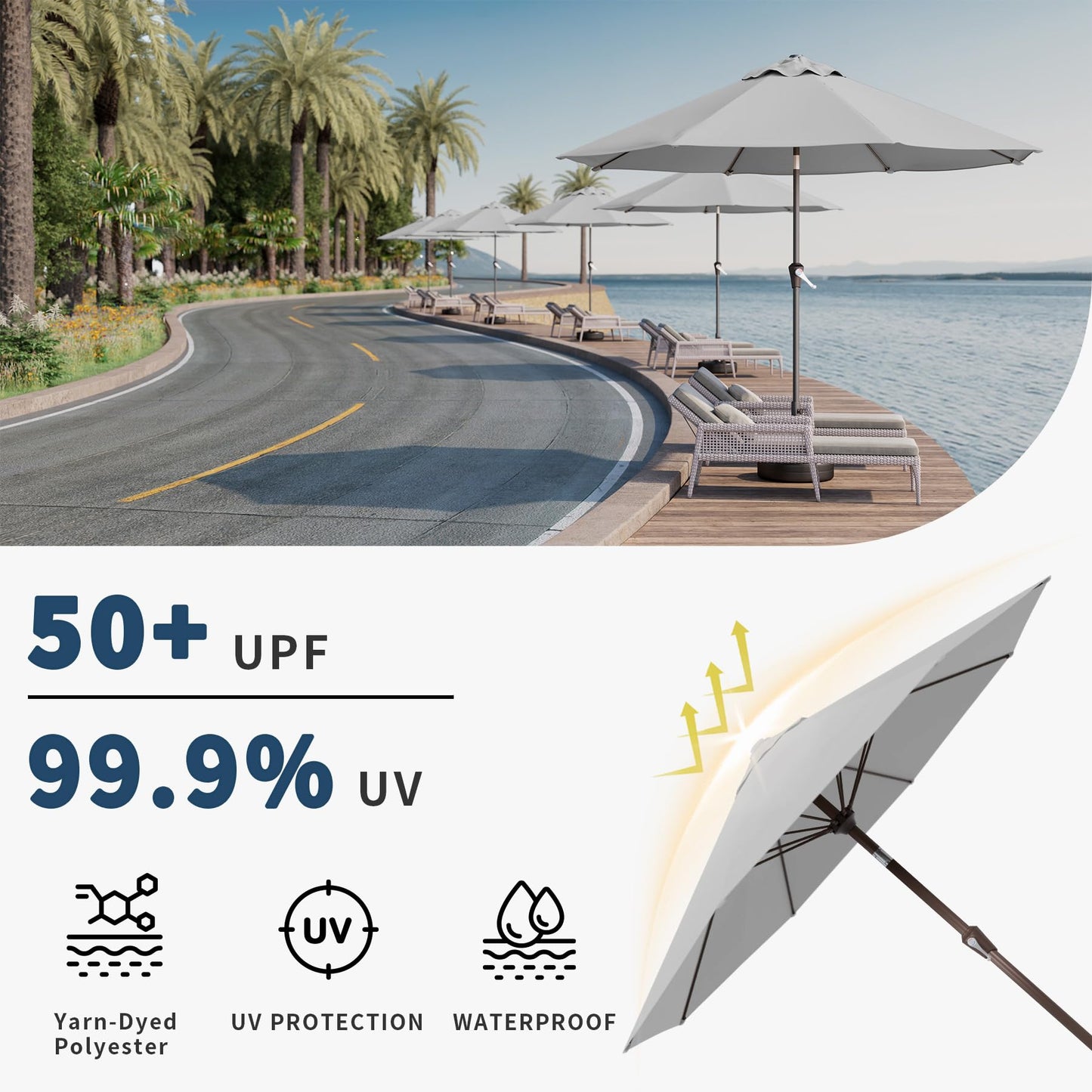 Patio Kingdom 10FT Patio Umbrella Outdoor Market Umbrella with Crank and Tilt, 8 Flexible Fiberglass Ribs, UV-Resistant Waterproof Canopy for Patio, Deck, Garden, Backyard, Light Gray