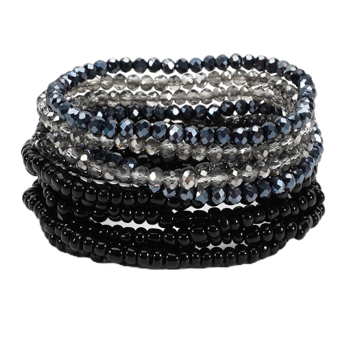 12Pcs Bohemia Multilayer Resin Seed Beaded Stackable Bracelets Colorful Crystal Glass Beads Stretch Bracelet BFF Friendship Elastic Wristbands for Women Men Summer Beach Boho Vacation Jewelry-Black