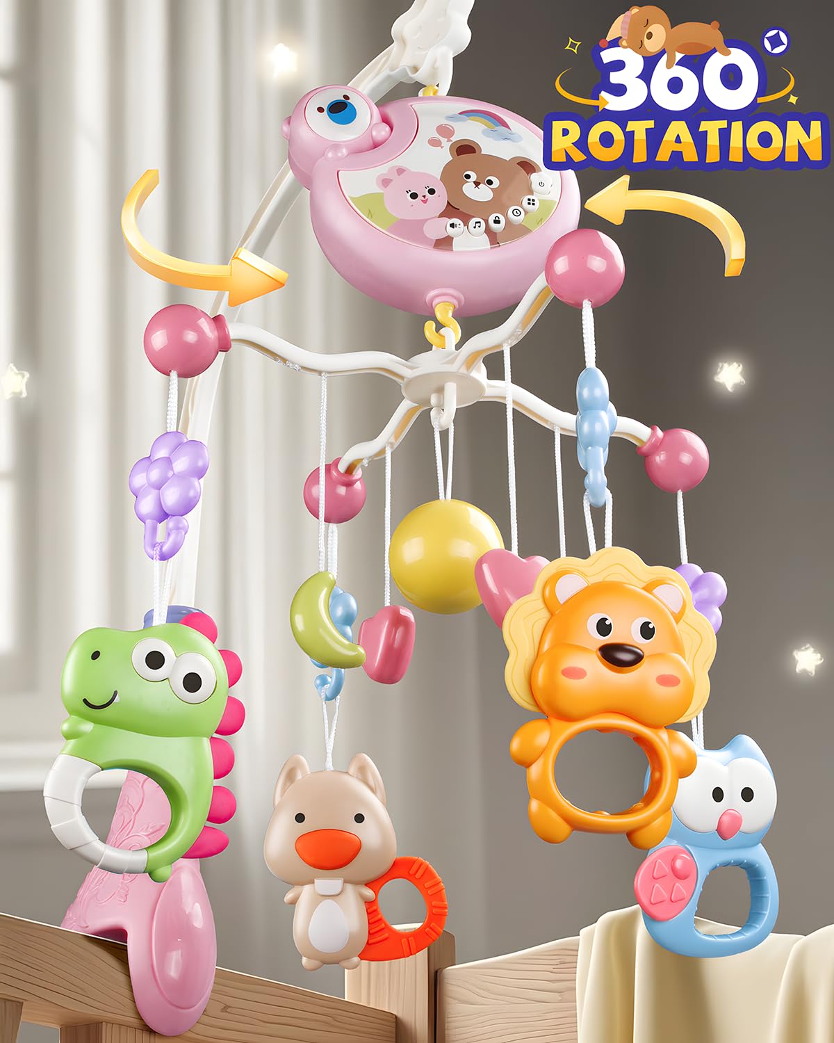 RSEPD Crib Mobile With Music And Lights, Mobiles For Cribs, Baby Mobile Arm Toys Hanging For Bassinets Girls Boys, Nursery Musical Space Portable Infant Mobiles Clip On Pack And Play Hanger 0-6 Months