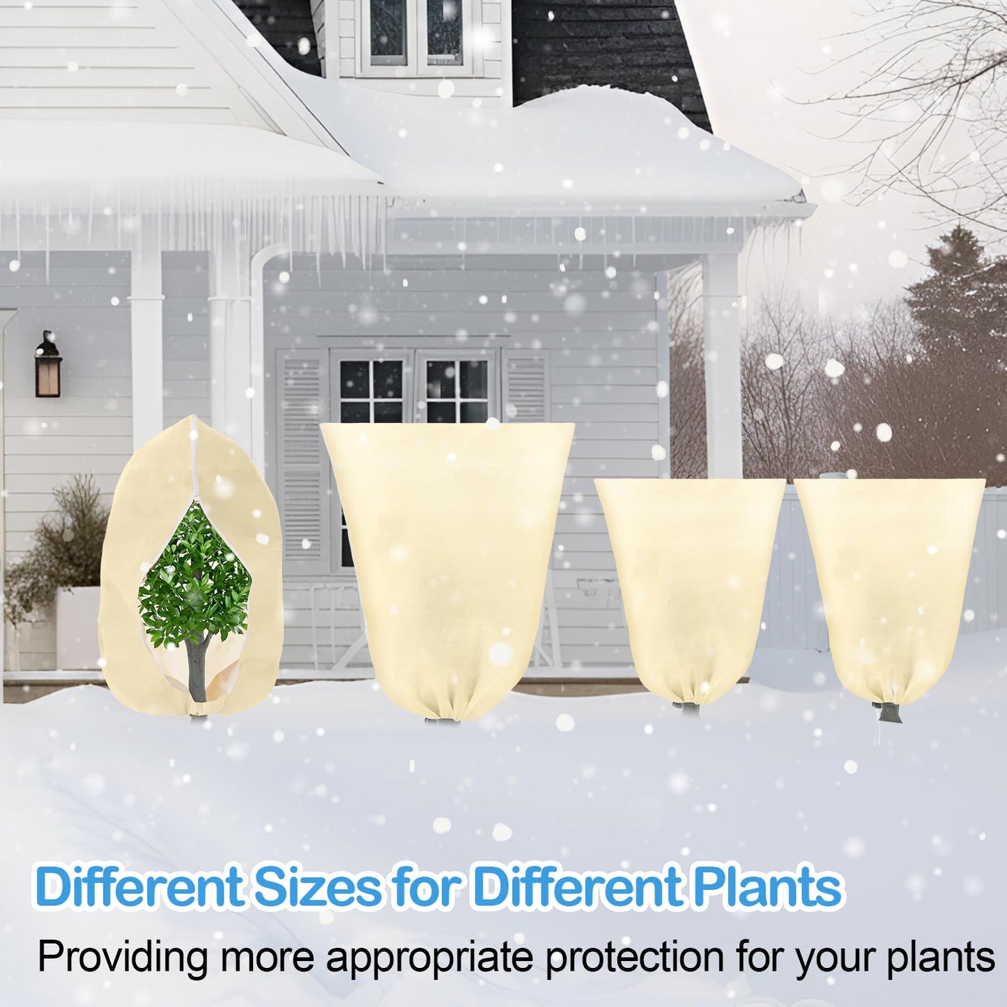 Wesnoy 12 Pack Winter Plant Covers Freeze Protection 2 Size 47" x 32" and 24" x 32" Winter Frost Cloths Blankets with Zipper Drawstring Tree Covers for Outdoor Plants Shrubs Potted Trees(Beige)