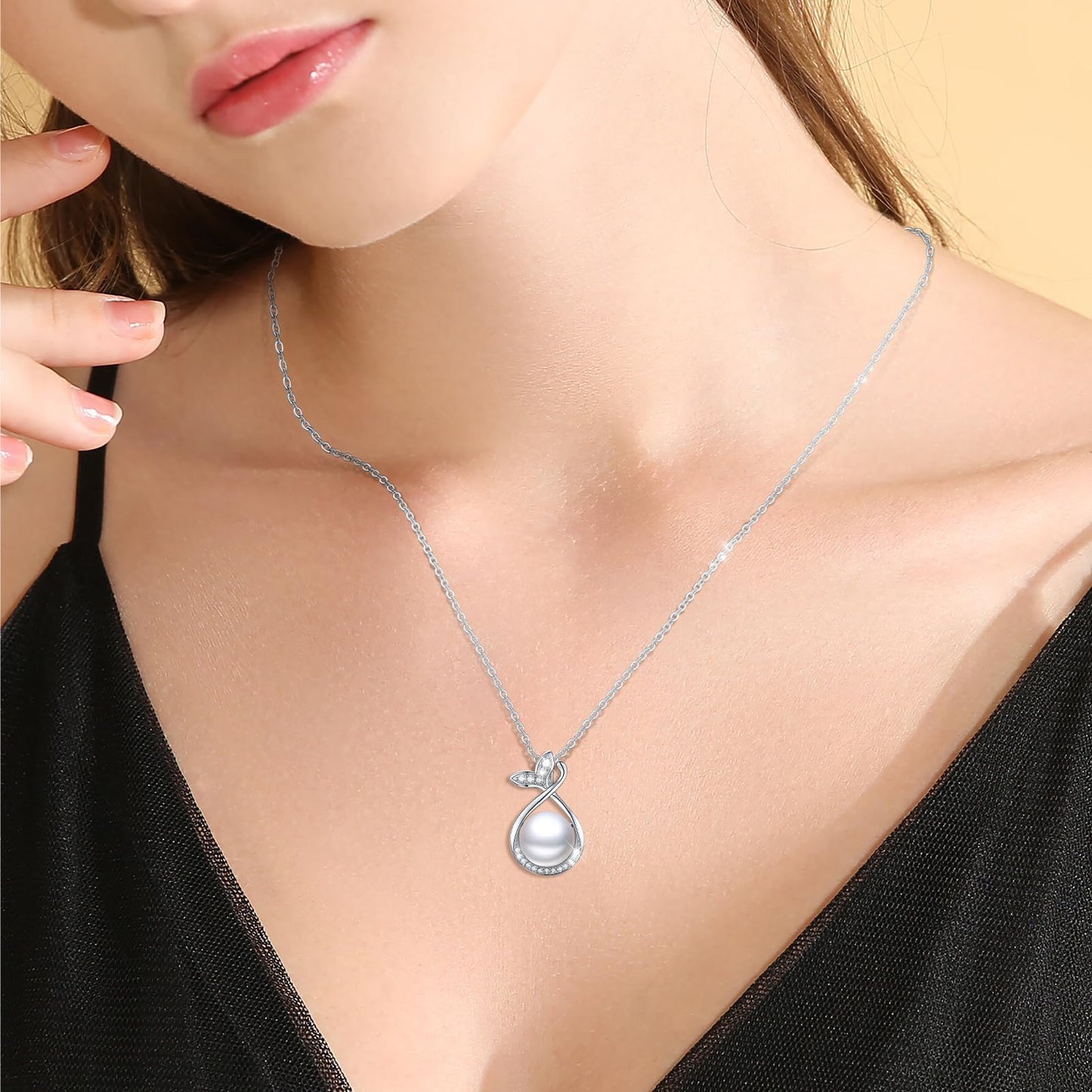 13 mm Fishtail Pearl Necklace 925 Sterling Silver Jewelry 5A Cubic Zirconia Pendant Necklace Gifts for Mom Women Girlfriend Grandma Lover Her Wedding Birthday Anniversary Engagement Valentine's Day