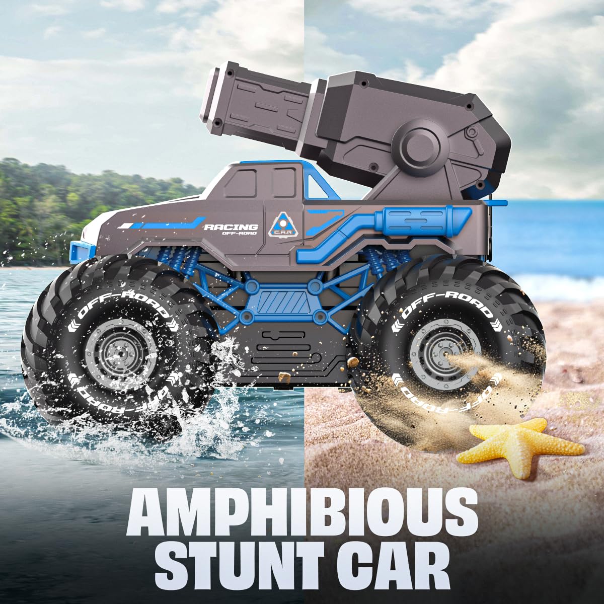 BEZGAR 1:16 Monster Truck Toys Remote Control Car Amphibious RC Cars Pickup Boat with Shooting Water Gun - 4WD Waterproof All-terrian Off-Road Vehicles Gifts for Kids Boys Age 6-12