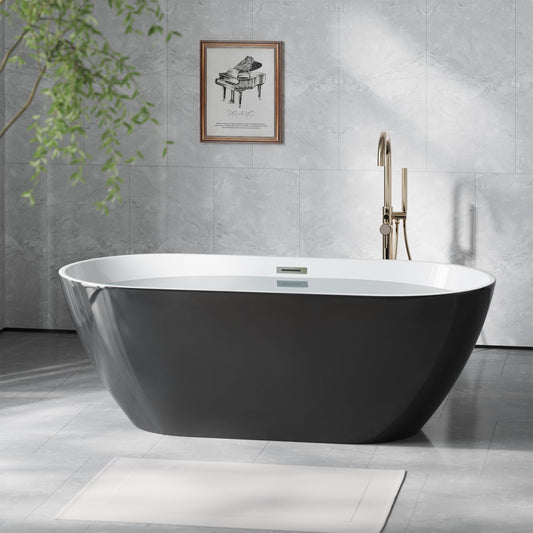 Luxury Freestanding Bathtub 67 Inch – Extra Large Acrylic Free Standing Soaking Tub with Integrated Overflow & Chrome Drain, Black & White Stand Alone Bathtub for Modern Bathroom
