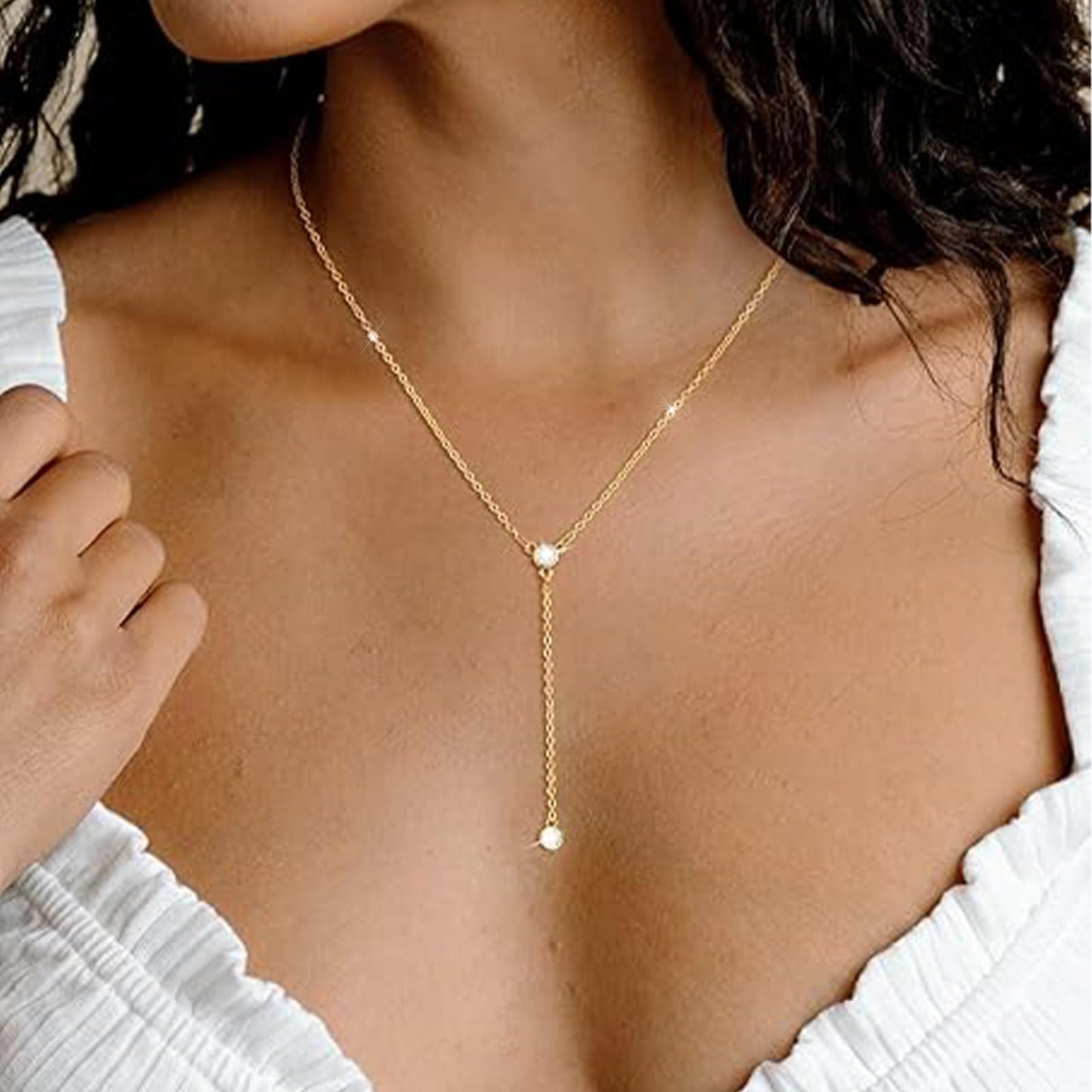 HERIER Lariat Gold Necklace for Women 14k Gold Plated Dainty Long Y Necklaces CZ Pendant Drop Choker Necklace Trendy Simple Gold Jewelry for Women