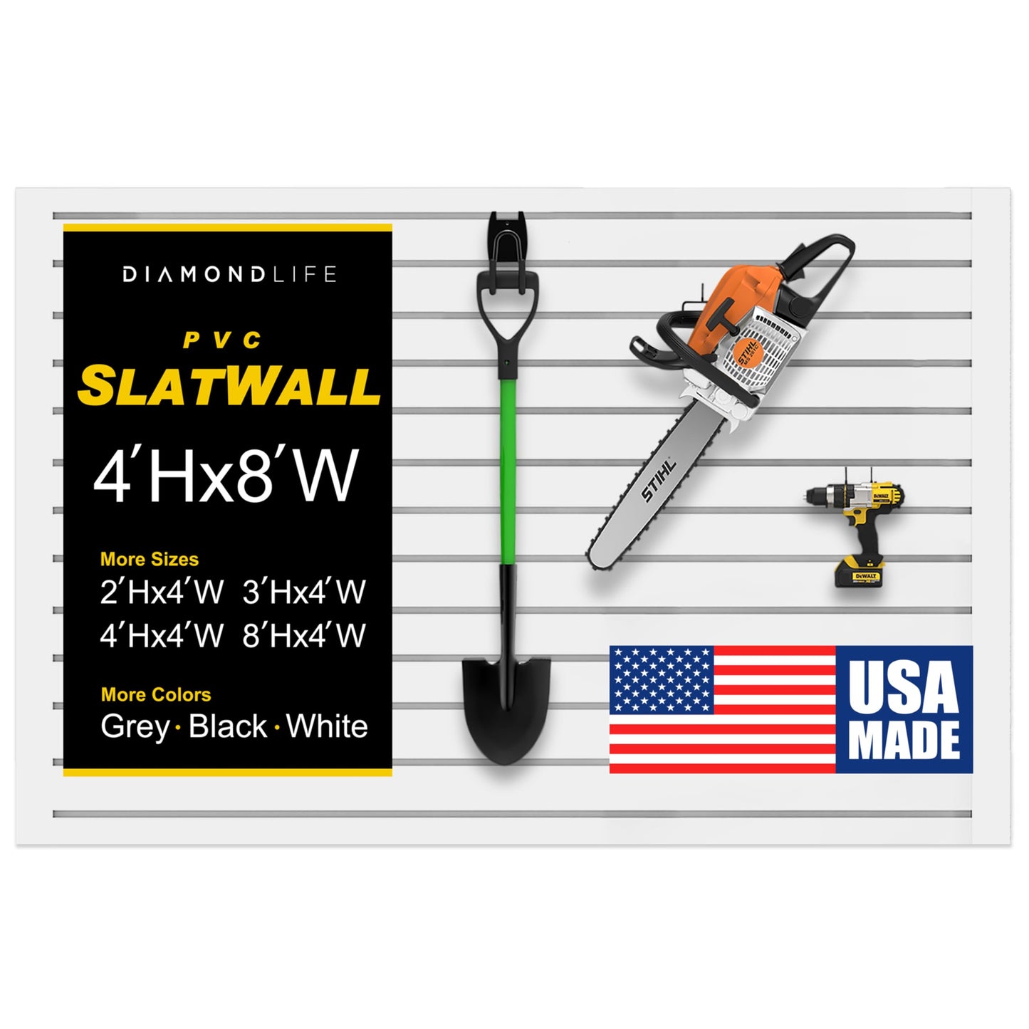 Heavy Duty 4x8 PVC Garage Slatwall Storage System (with Endcaps & Screws) - Modular Slat Wall Paneling for Garage Wall Organizer - Interlocking Slatwall Panels for Home & Commercial Use (White)