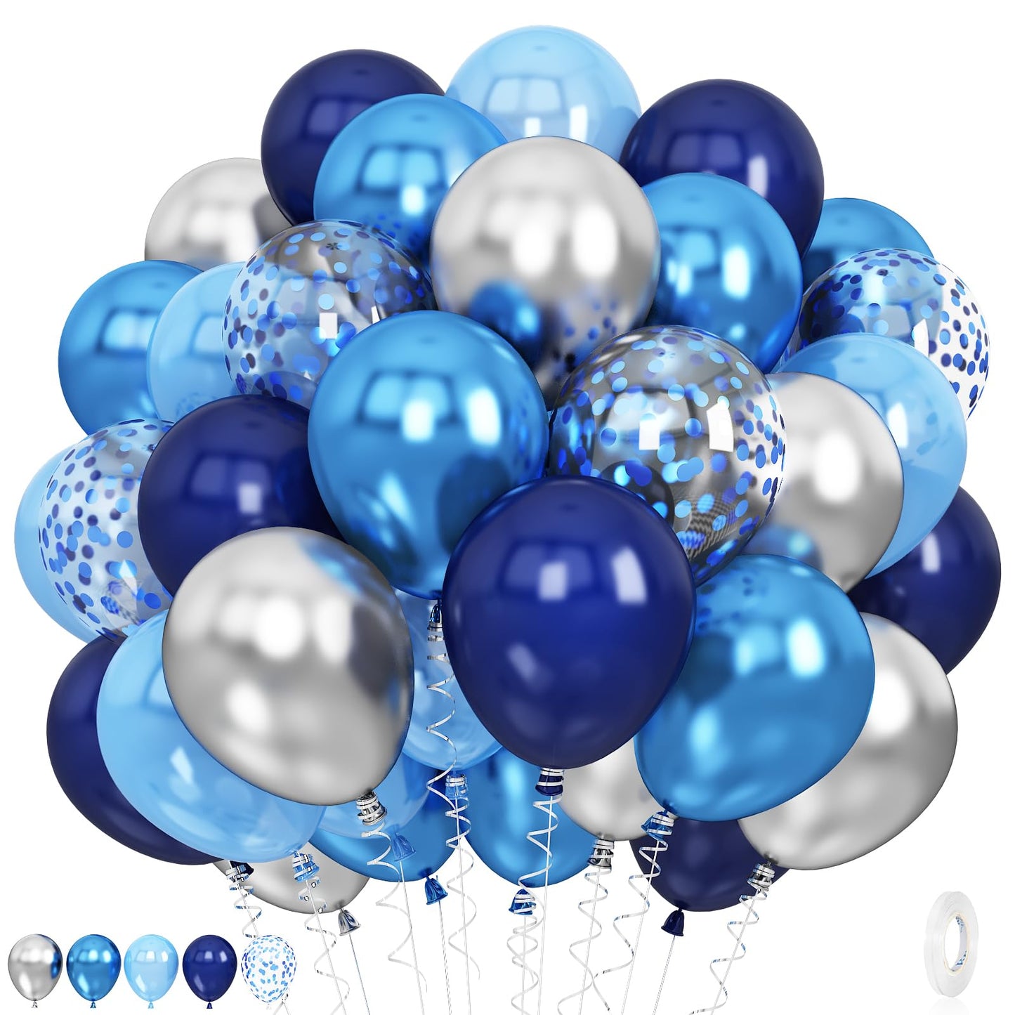 60 Pcs Blue and Silver Balloons, Navy Royal Blue Silver Party Balloons with Metallic Confetti Helium Latex Balloons for Birthday Baby Showers Fathers Day 2025 Graduation Decoration