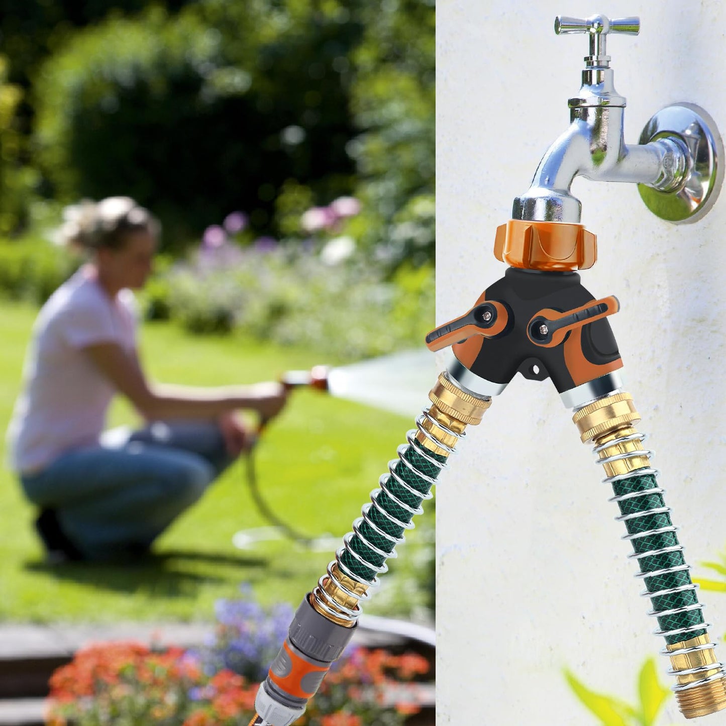 Lumanious Hose Splitter, Garden Hose Splitter 2 Way Heavy Duty,3/4" Spigot Adapter Connector with 2 Kink Free Faucet Extension Hose Protector 6 Rubber Washers and PTEP Tape for Drip Irrigation, Lawns