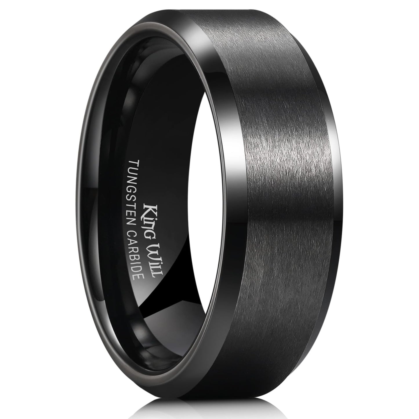King Will 8mm Men's Black Tungsten Wedding Ring - Brushed Matte Surface, Beveled Polished Edge, Comfort Fit Size 10
