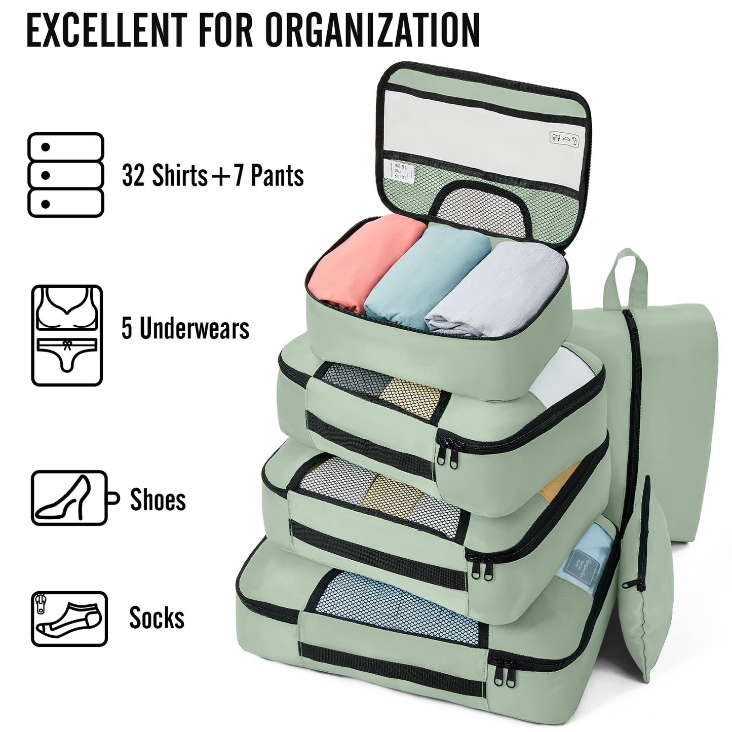 Veken 8 Set Packing Cubes for Travel Essentials, Suitcase Organizer Bags in 4 Sizes, Carry-On Luggage Accessories with Large Laundry & Hanging Toiletry Bag, Must-Have for Airplane, Road Trip & Camping