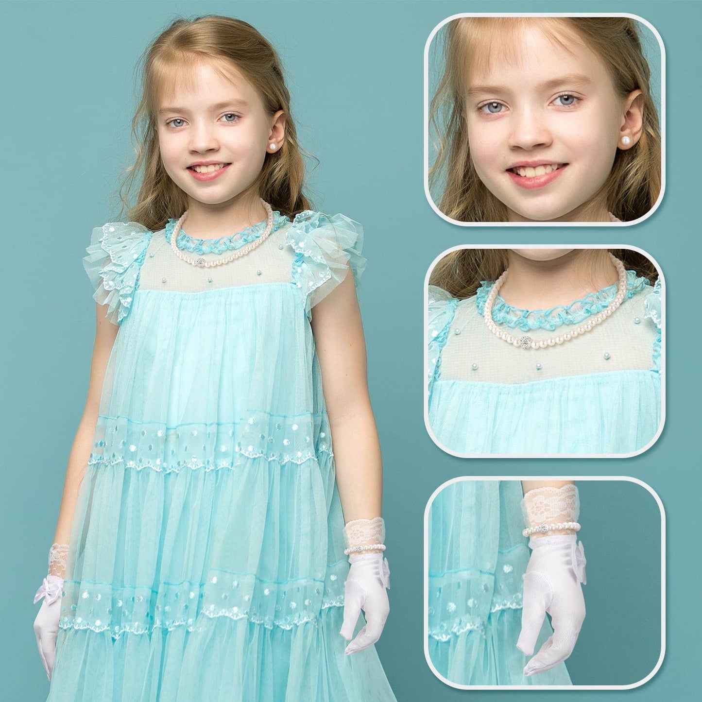 Geyoga 4 Pcs Pearl Necklace Set for Little Girls Toddler Girls Jewelry Communion Gloves for Kids Christmas Tea Party Wedding(Elegant Style,8-12 Years)