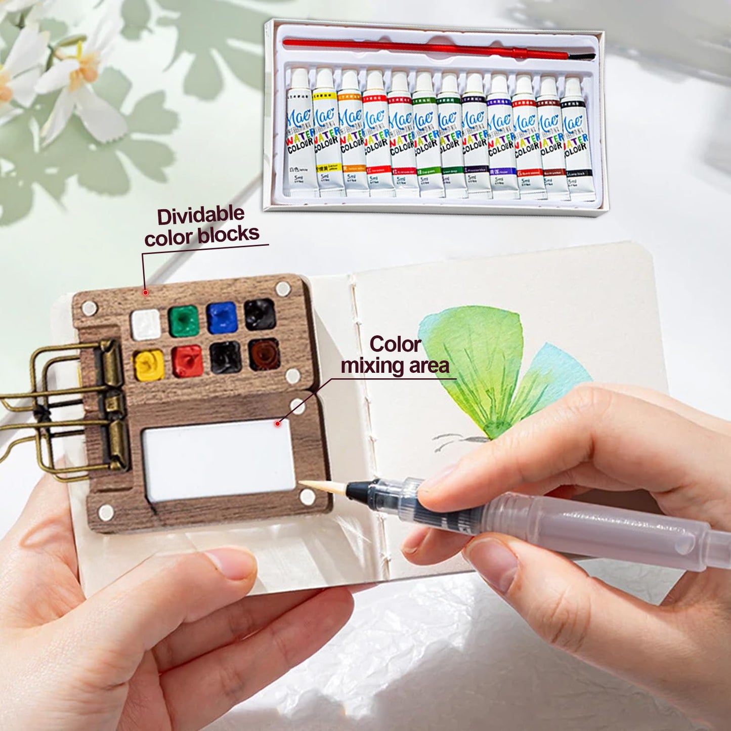 Mini Paint Palette Travel Kit, Mini Watercolor Paint Set, Travel Watercolor Palette Set, 12 Color Pocket Artist Watercolour Travel Sets for Painters Artists (8 Grids)