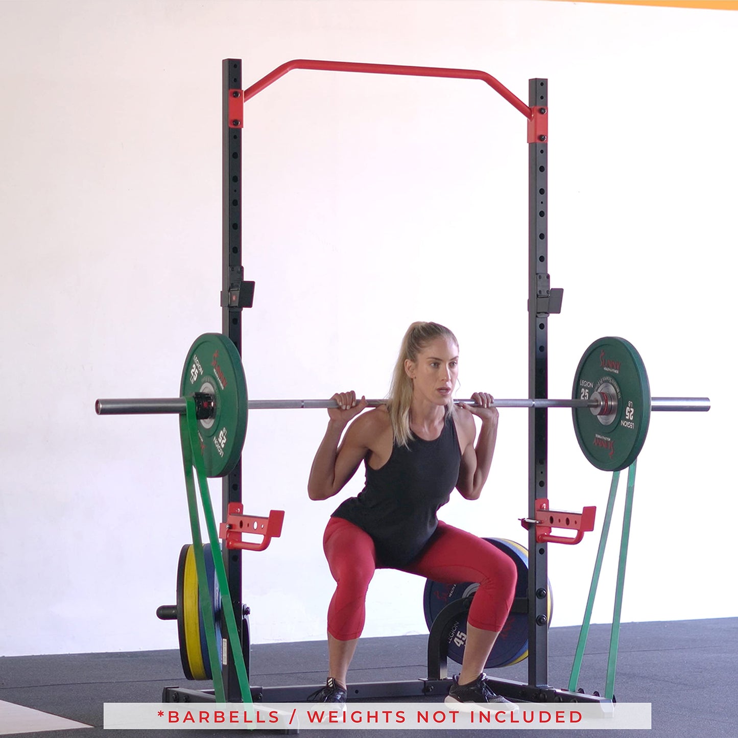 Sunny Health & Fitness Power Zone Squat Stand Power Rack Cage - SF-XF9931, Upright,Black/Red