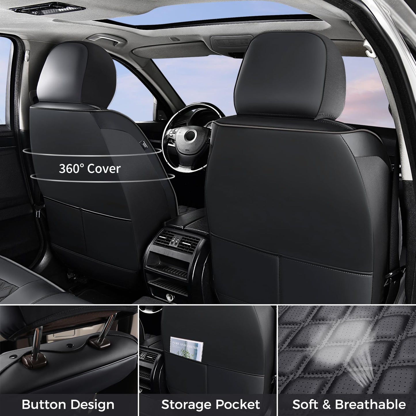 Huidasource Wrangler JK Seat Cover 4 Door, Waterproof Leather Custom Car Seat Cover, Front&Rear Seat Cushion Protector Fit for Jeep Wrangler JK 4-Door Sahara Sport Rubicon 2007-2017(Full Set/Black)
