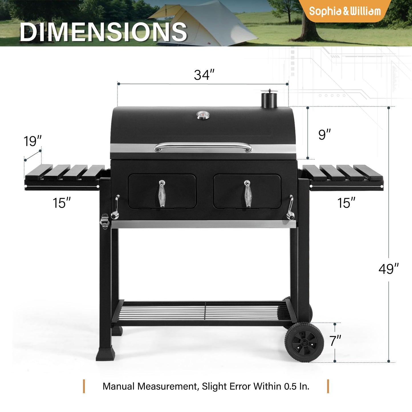 Sophia & William Extra Large Charcoal BBQ Grills with 794 SQ.IN. Cooking Area, Heavy Duty Outdoor Barbecue Grill with 2 Individual Lifting Charcoal Tray and 2 Foldable Side Table, Black