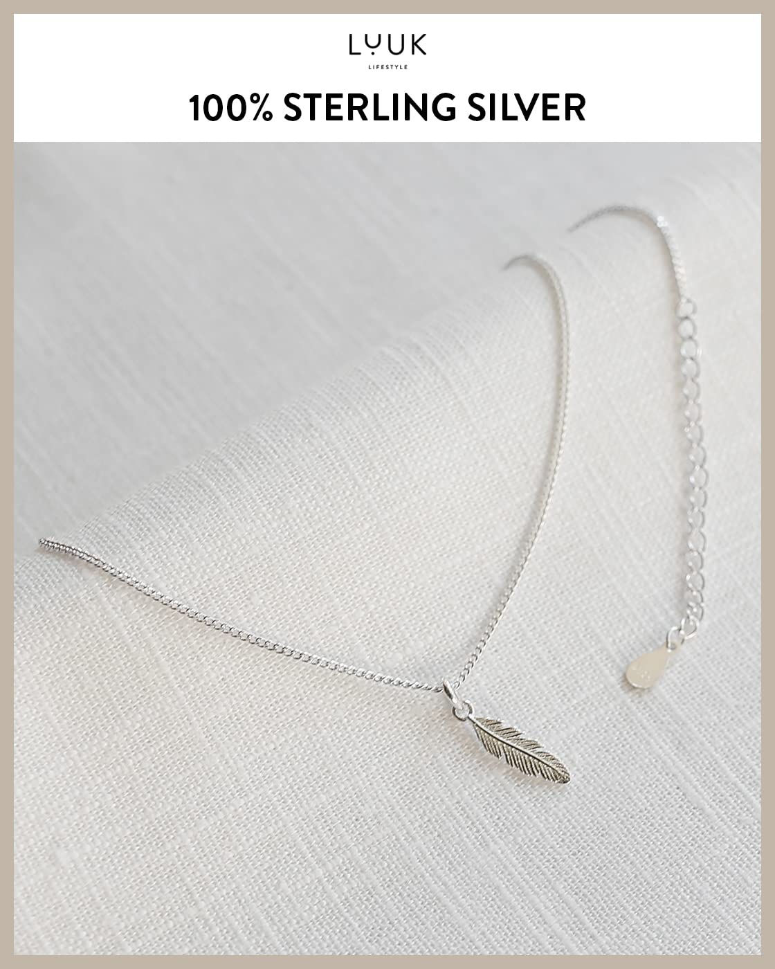 LUUK LIFESTYLE Necklace in 925 sterling silver with feather pendant and HAPPINESS gift card, trendy boho style jewelry for women, gift for friend, sweetheart, lucky charm, silver