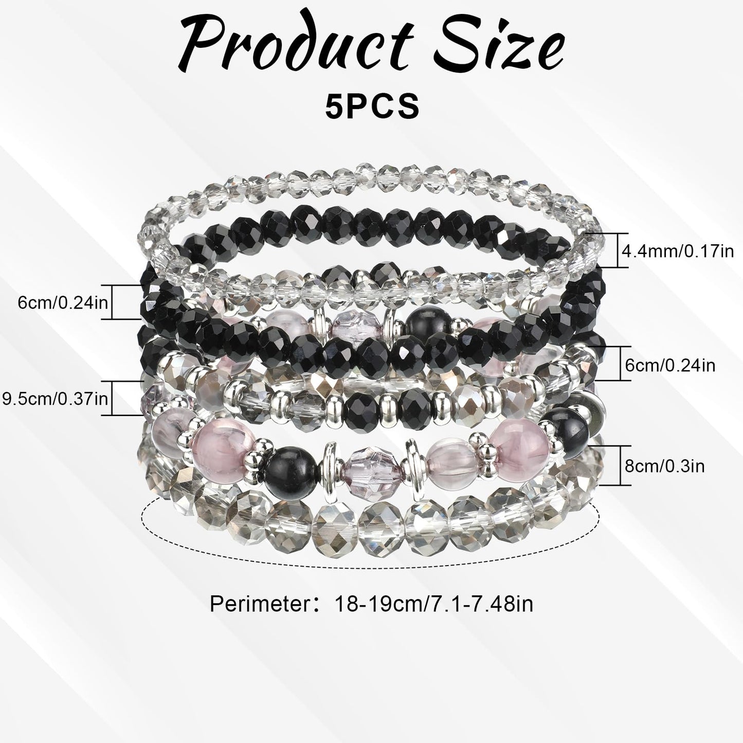 Tweruna 5 PCS Glass Beaded Bracelets Stack, Stretchy Bracelets for Women, Black Stacked Bracelet for Jewelry Birthday Gifts