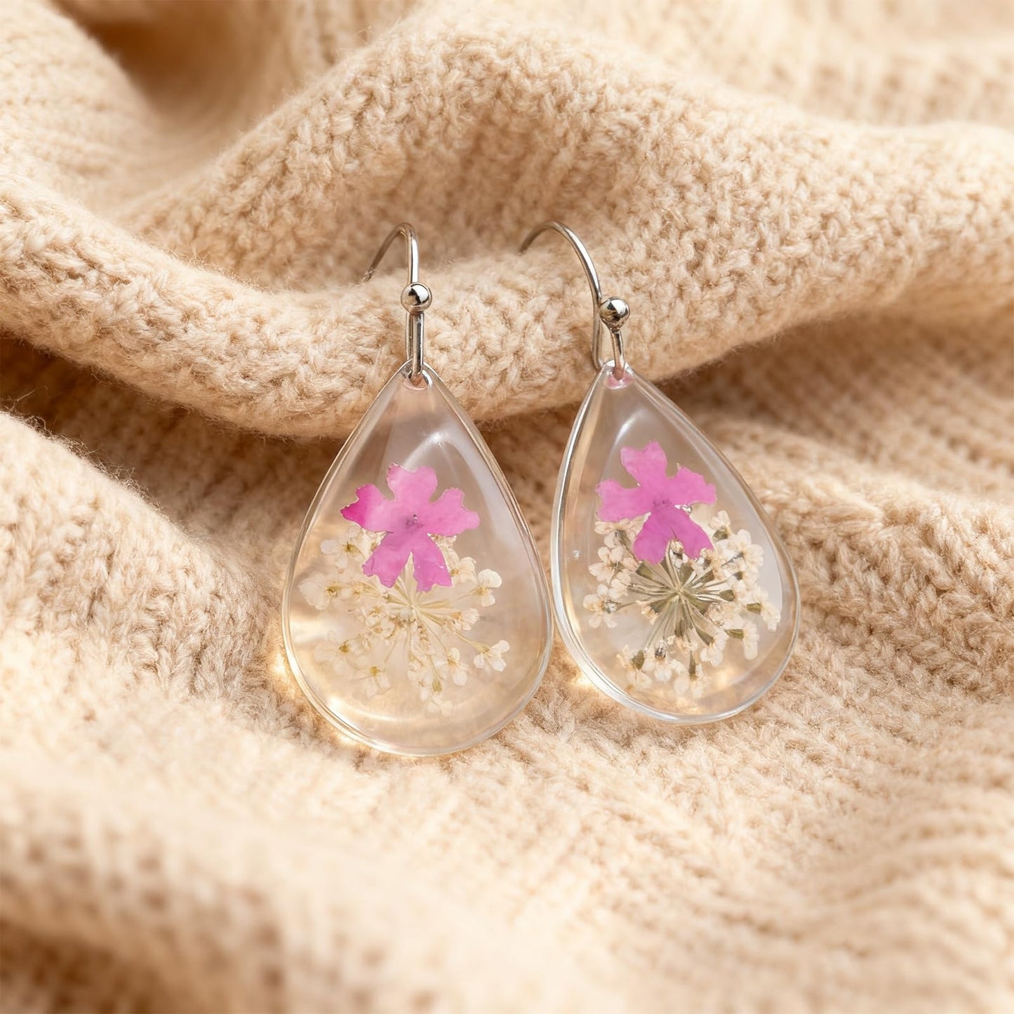 Jean Beau Handmade Pressed Flower Earrings for Women, Unique Resin Purple Dried Flowers Sterling Silver Teardrop Dangle Drop Nature Floral Earings Fashion Summer Jewelry Gift